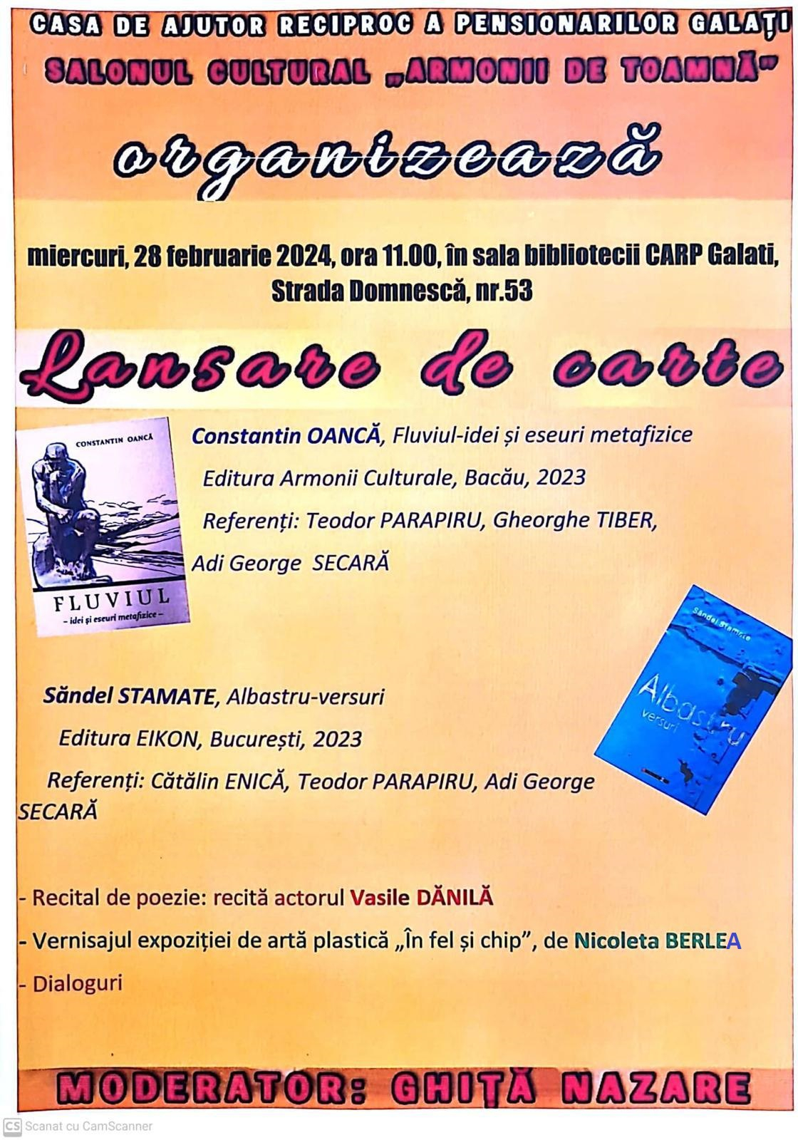 Lansare de carte, vernisaj de expoziţie şi recital poetic la CARP Galaţi