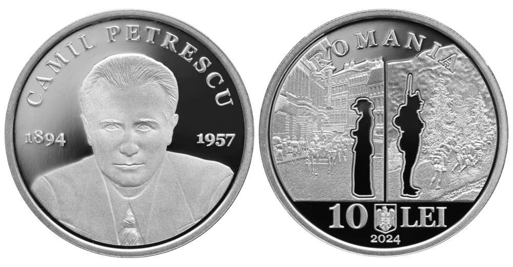 Monedă de argint dedicată lui Camil Petrescu