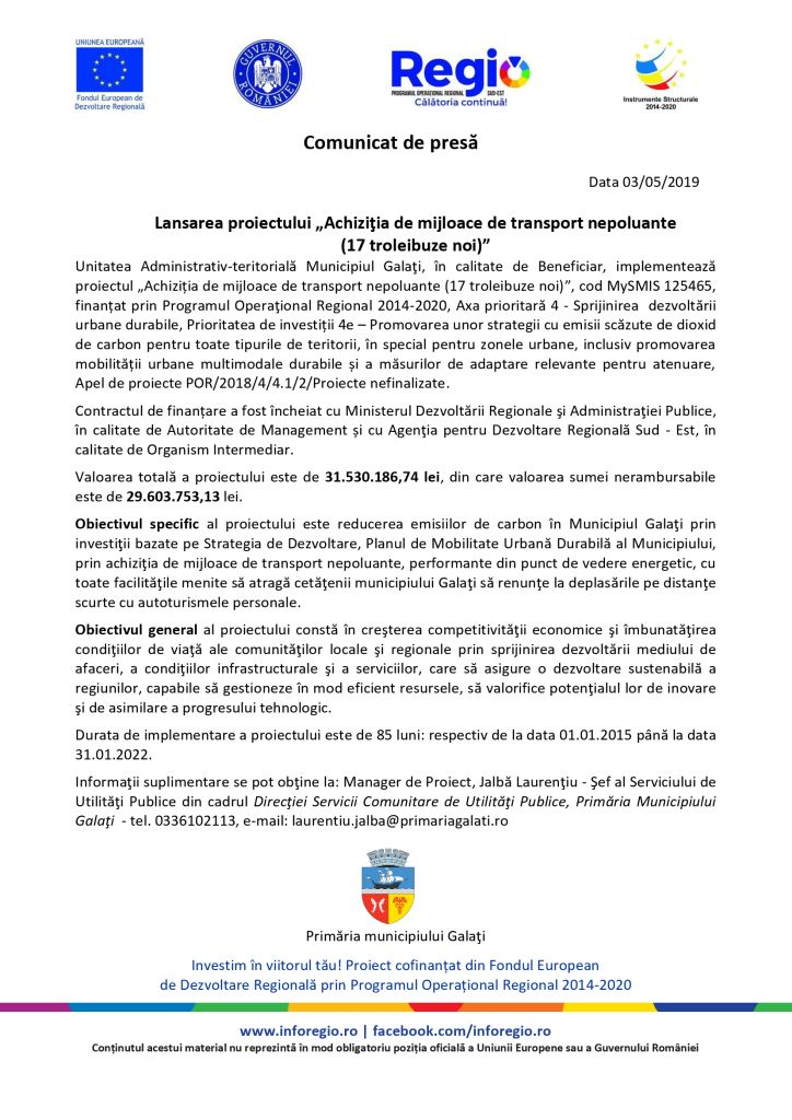 Lansarea proiectului ”Achiziţia de mijloace de transport nepoluante (17 troleibuze noi)”