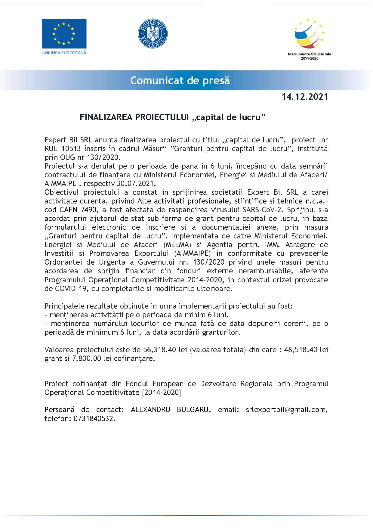 FINALIZAREA PROIECTULUI „capital de lucru”