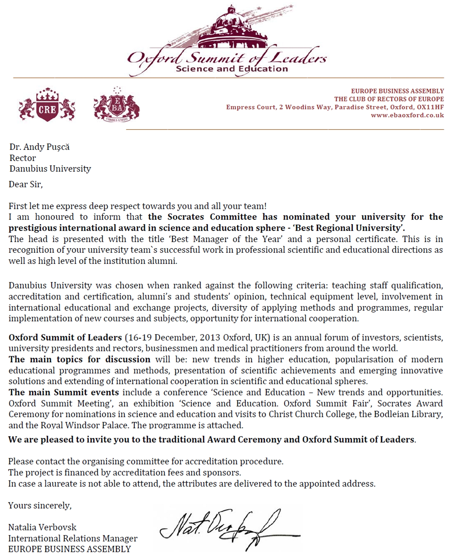 Veşti bune de la Oxford/ Cea mai bună Universitate Regională se află la  Galaţi: „Danubius”! (P)