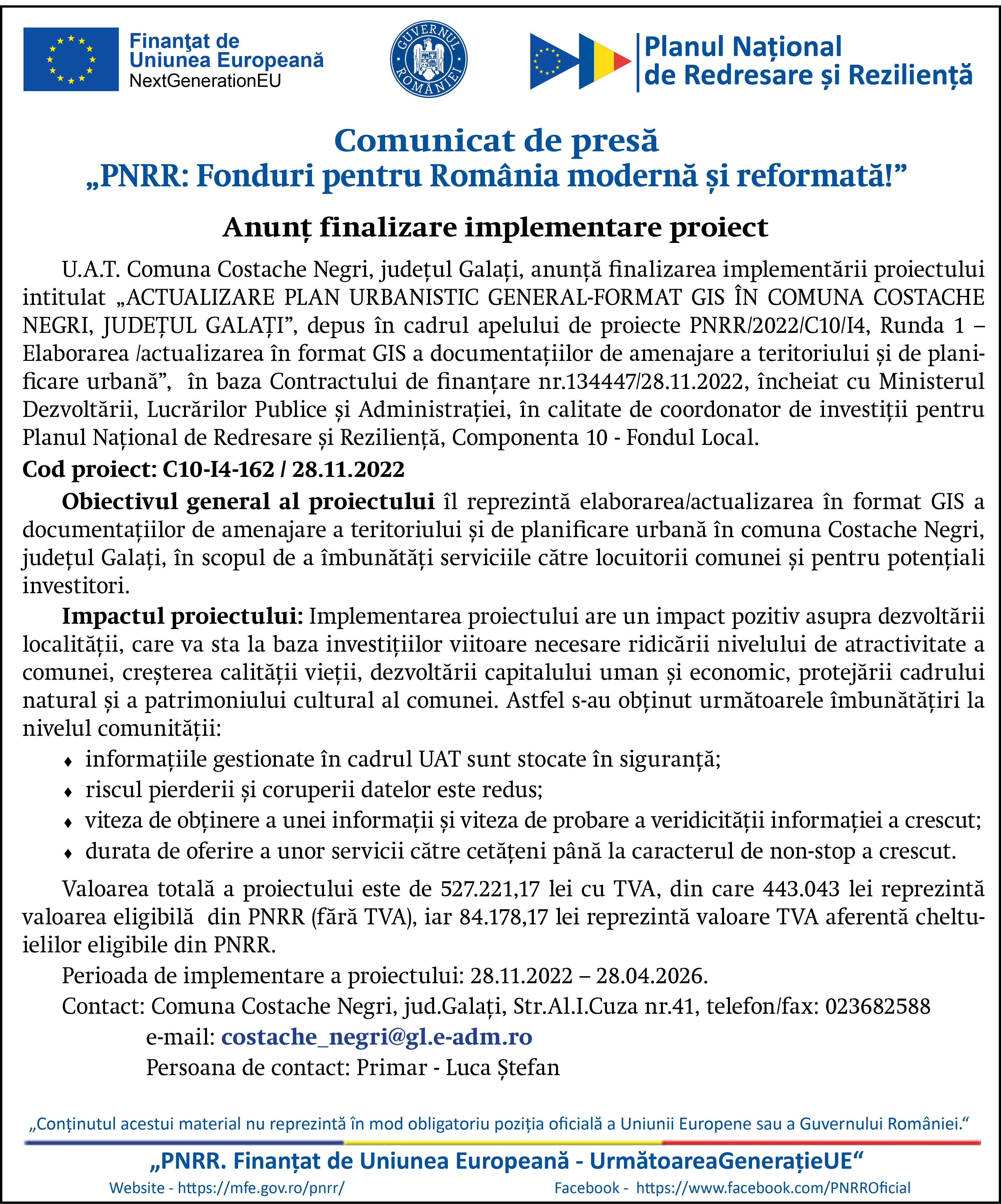 Comunicat de presă- Anunț finalizare implementare proiect