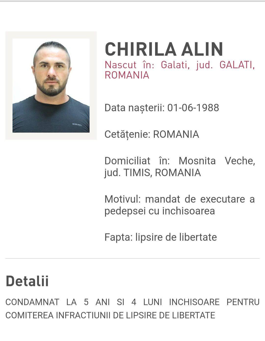 Luptătorul MMA Alin Chirilă a fost dat în urmărire generală