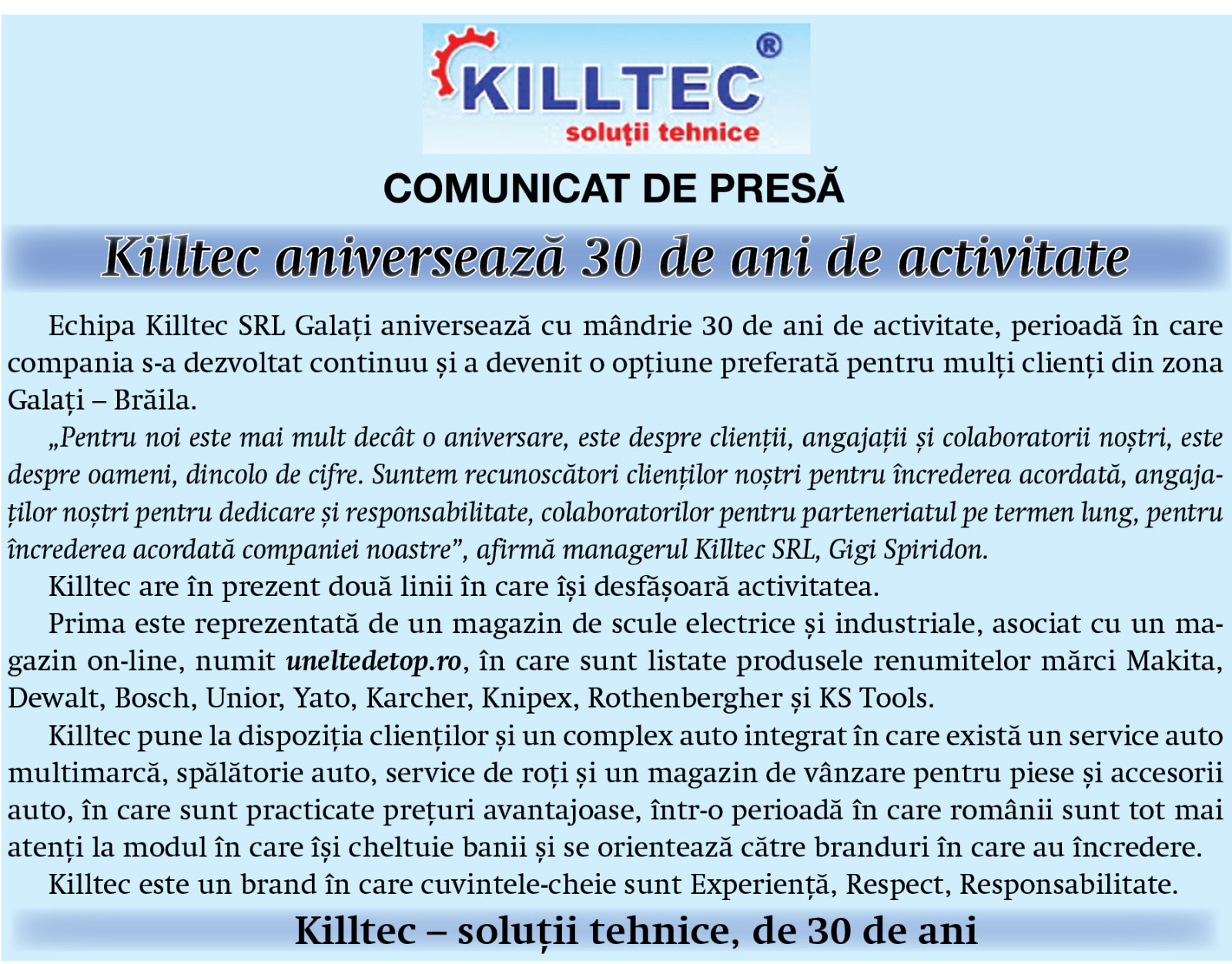 COMUNICAT DE PRESĂ: Killtec aniversează 30 de ani de activitate