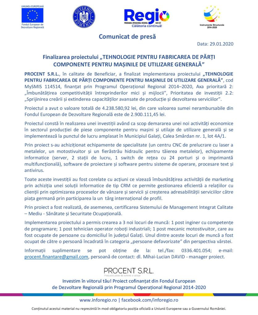 Finalizarea proiectului „TEHNOLOGIE PENTRU FABRICAREA DE PĂRȚI COMPONENTE PENTRU MAȘINILE DE UTILIZARE GENERALĂ”