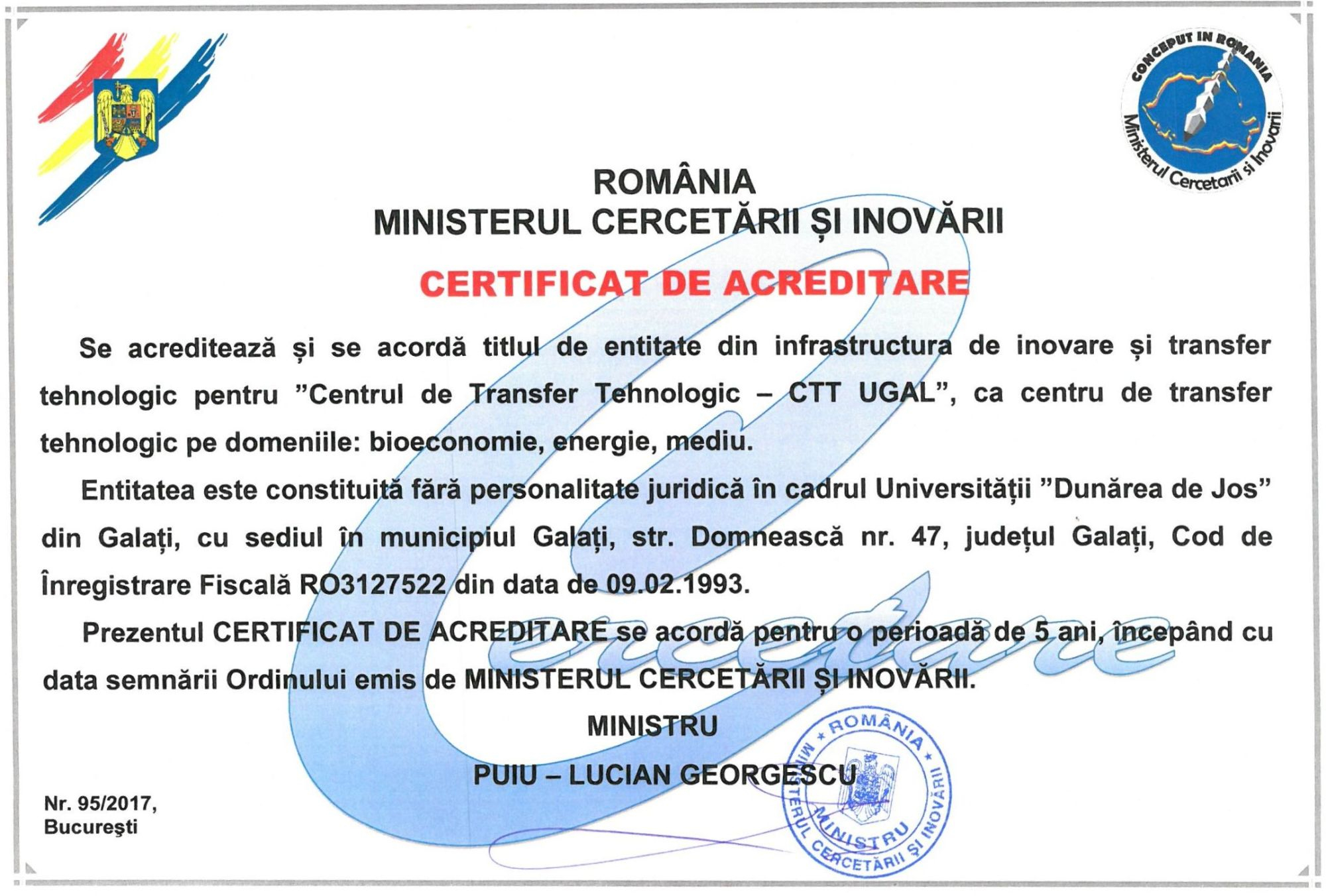 Centrul de Transfer Tehnologic de la Dunărea de Jos, acreditat de Ministerul Cercetării