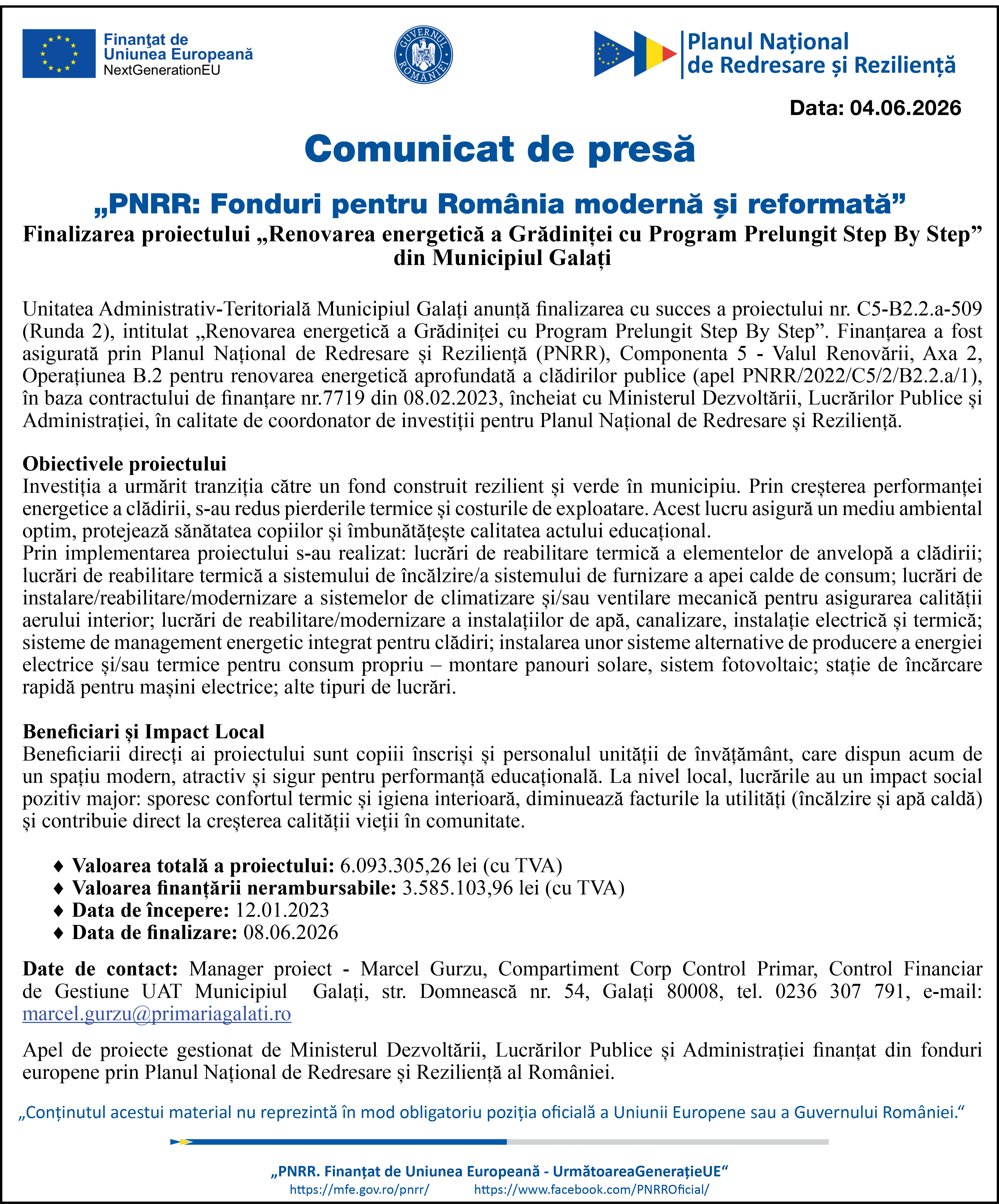 Finalizarea proiectului „Renovarea energetică a Grădiniței cu Program Prelungit Step By Step” din Municipiul Galați