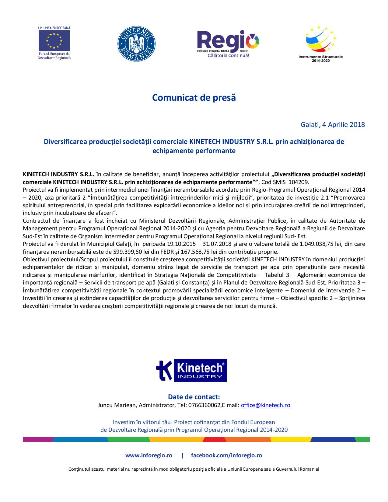 ÎNCEP activitățile proiectului Diversificarea producției societății comerciale KINETECH INDUSTRY S.R.L. prin achiziționarea de echipamente performante