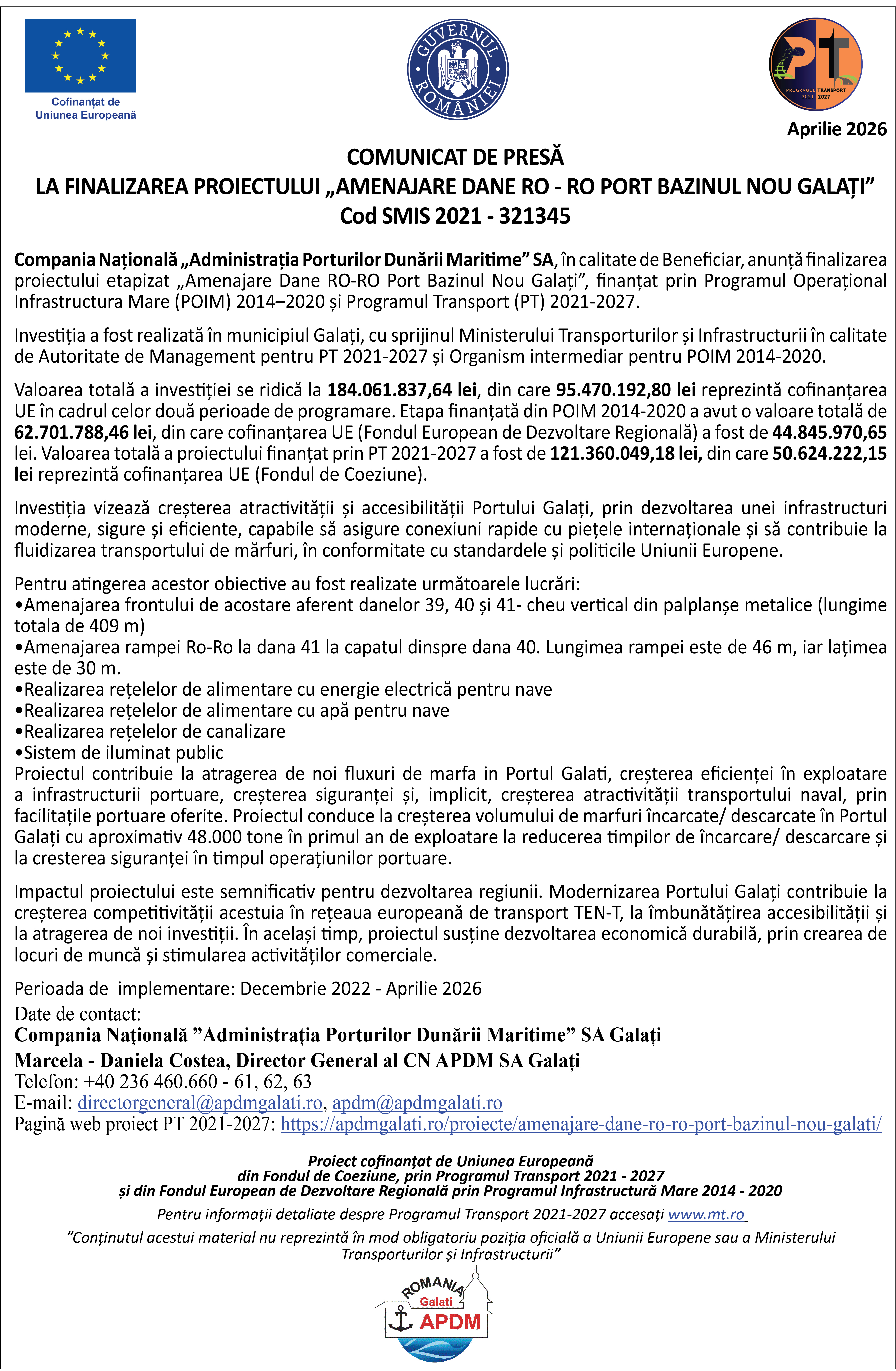 Comunicat Presă:  Amenajare Dane Ro- Ro Port Bazinul Nou Galați