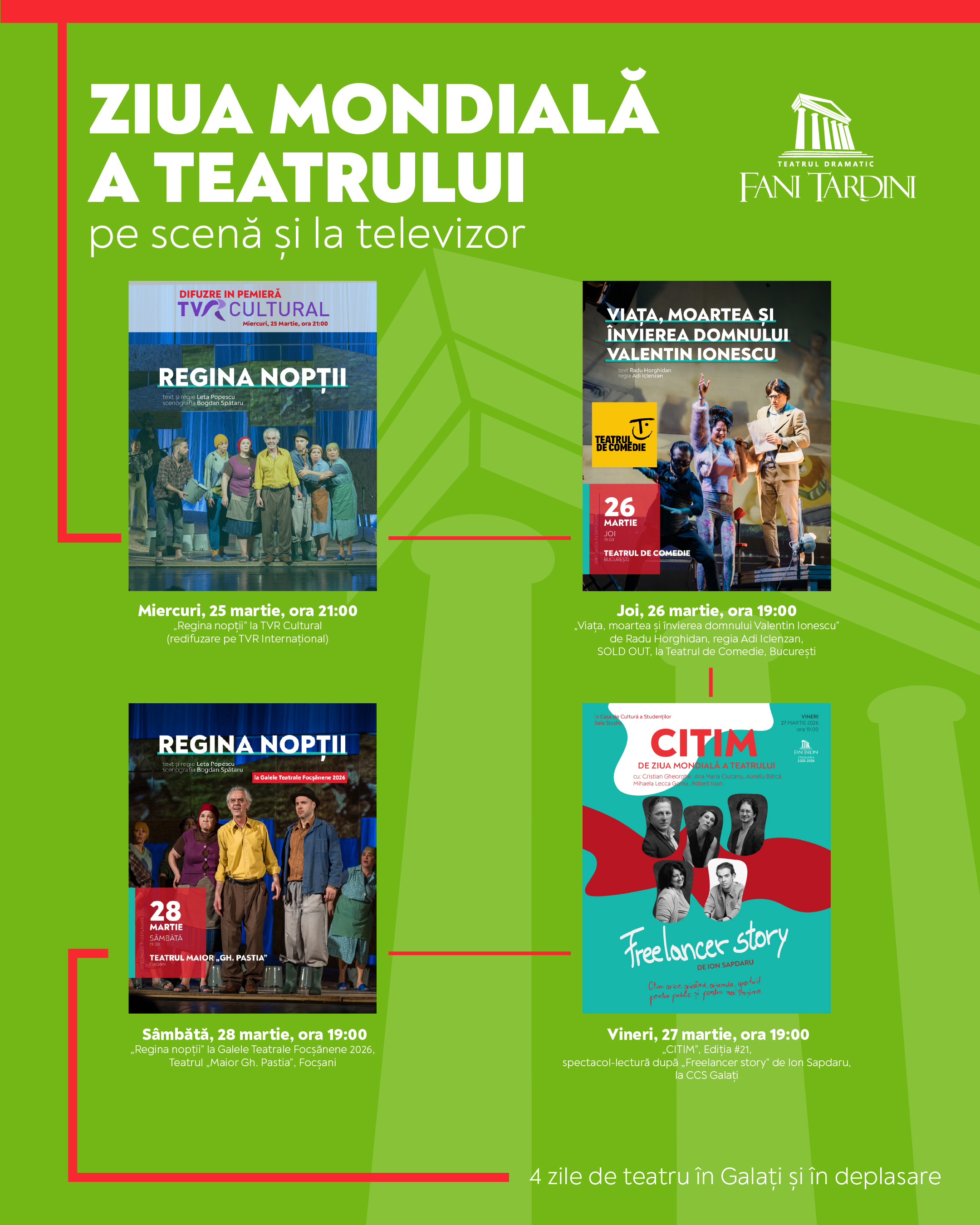 Teatrul, sărbătorit la Galaţi pe scenă, în comunitate și la televizor