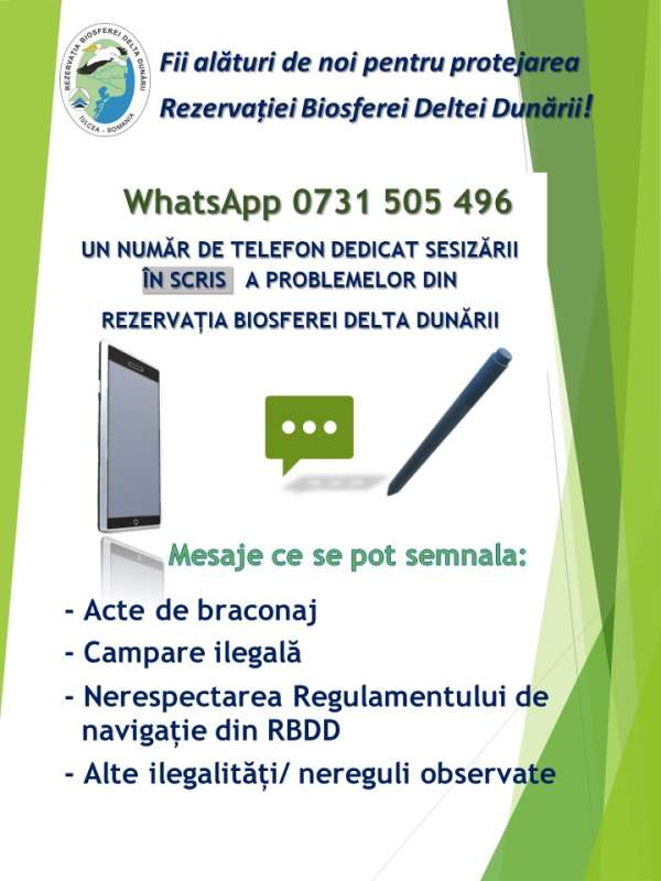 Număr de WhatsApp pentru semnalarea neregulilor din Delta Dunării