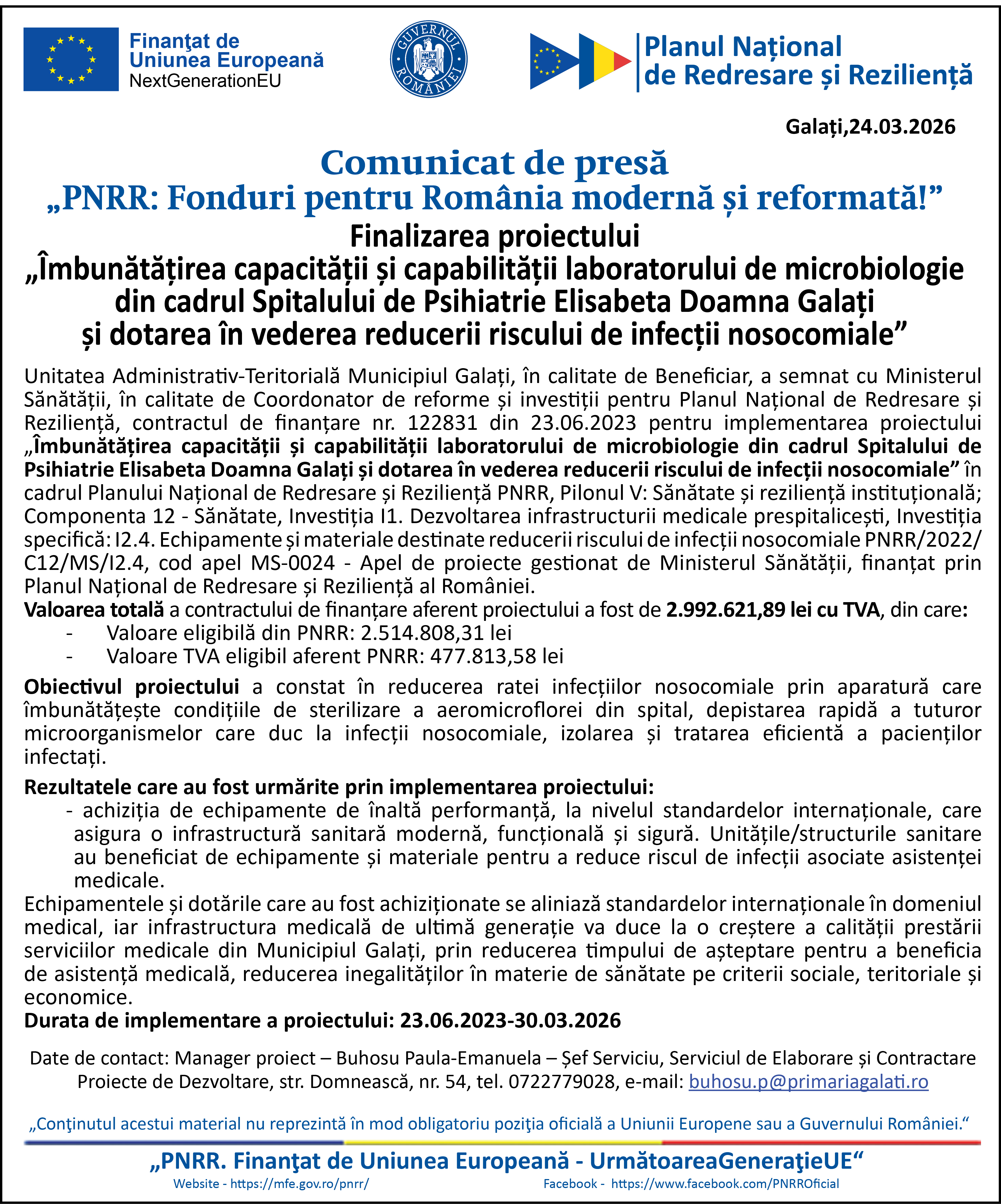 Îmbunătățirea capacității și capabilități laboratorului de microbiologie din cadrul Spitalului de Psihiatrie Elisabeta Doamna, Galați