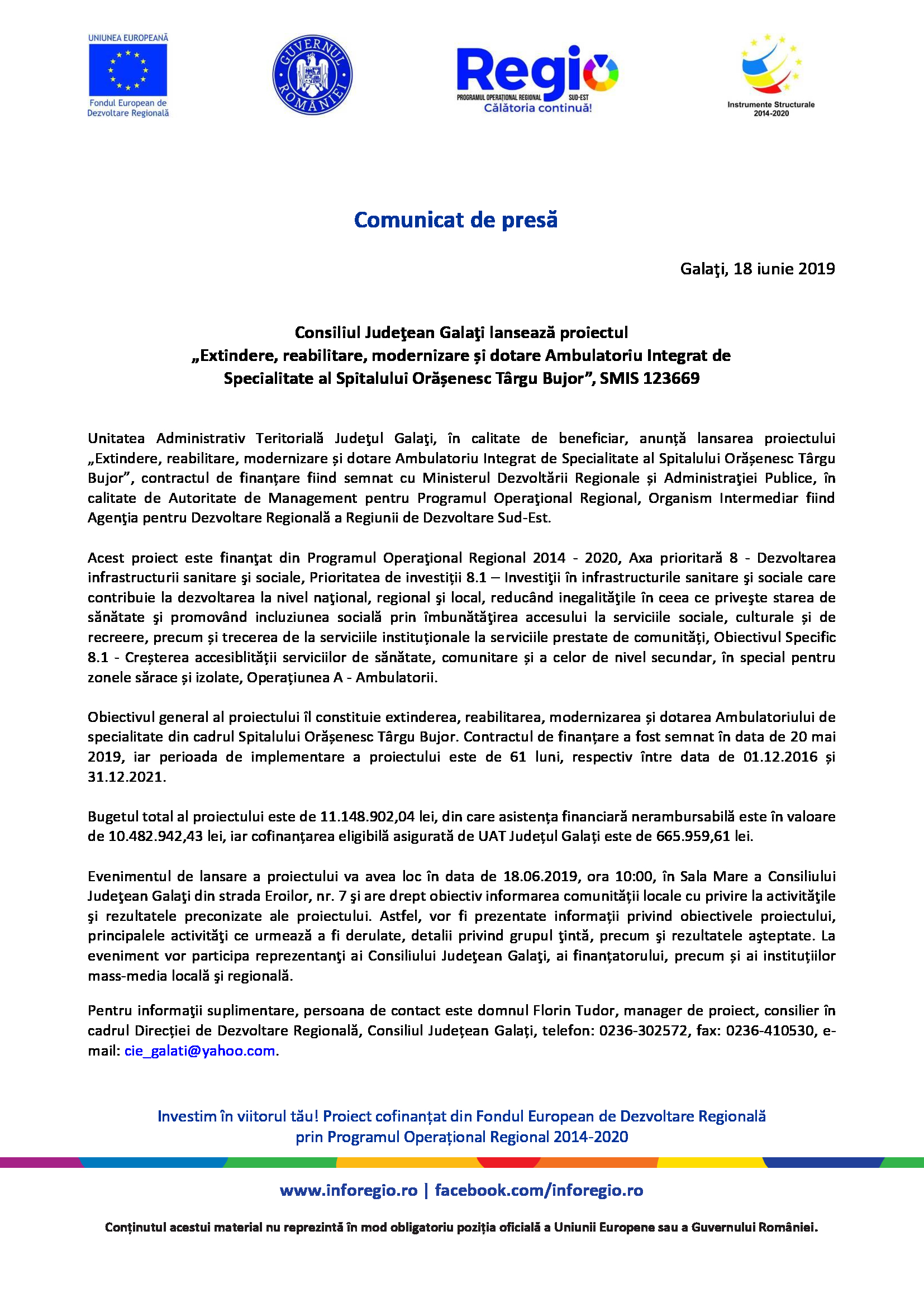 Consiliul Judeţean Galaţi lansează proiectul ”Extindere, reabilitare, modernizare și dotare Ambulatoriu Integrat de  Specialitate al Spitalului Orășenesc Târgu Bujor”, SMIS 123669