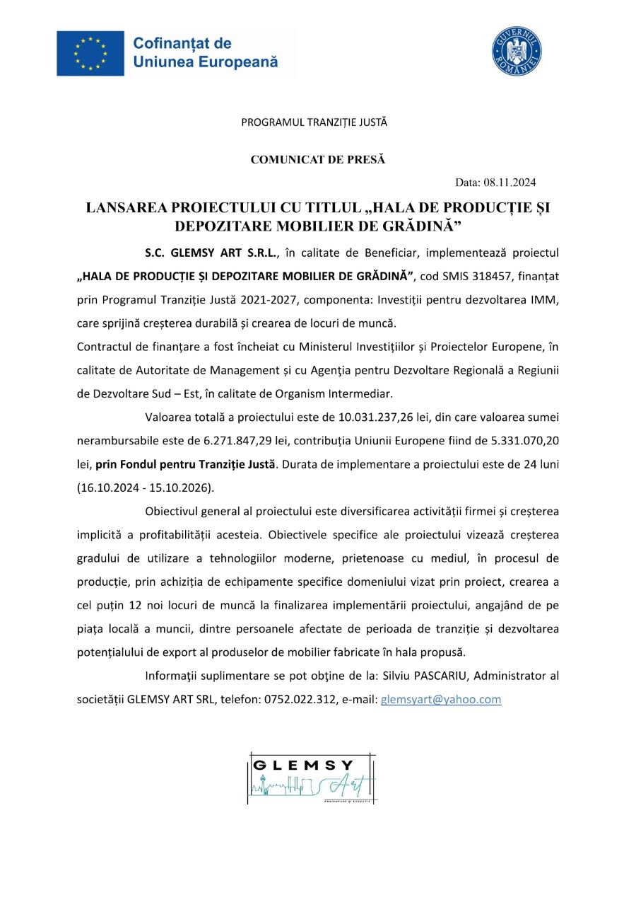 LANSAREA PROIECTULUI CU TITLUL „HALĂ DE PRODUCȚIE ȘI DEPOZITARE MOBILIER DE GRĂDINĂ”