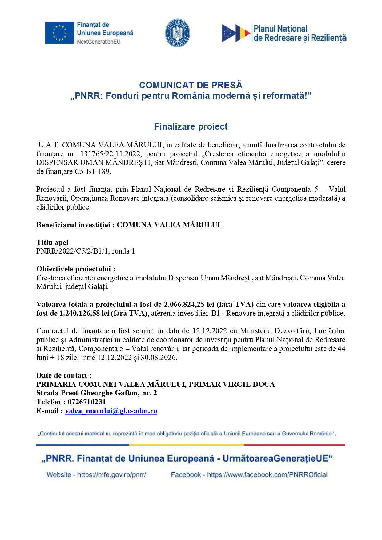 Creșterea eficienței energetice a imobilului Dispensar Uman Mândrești