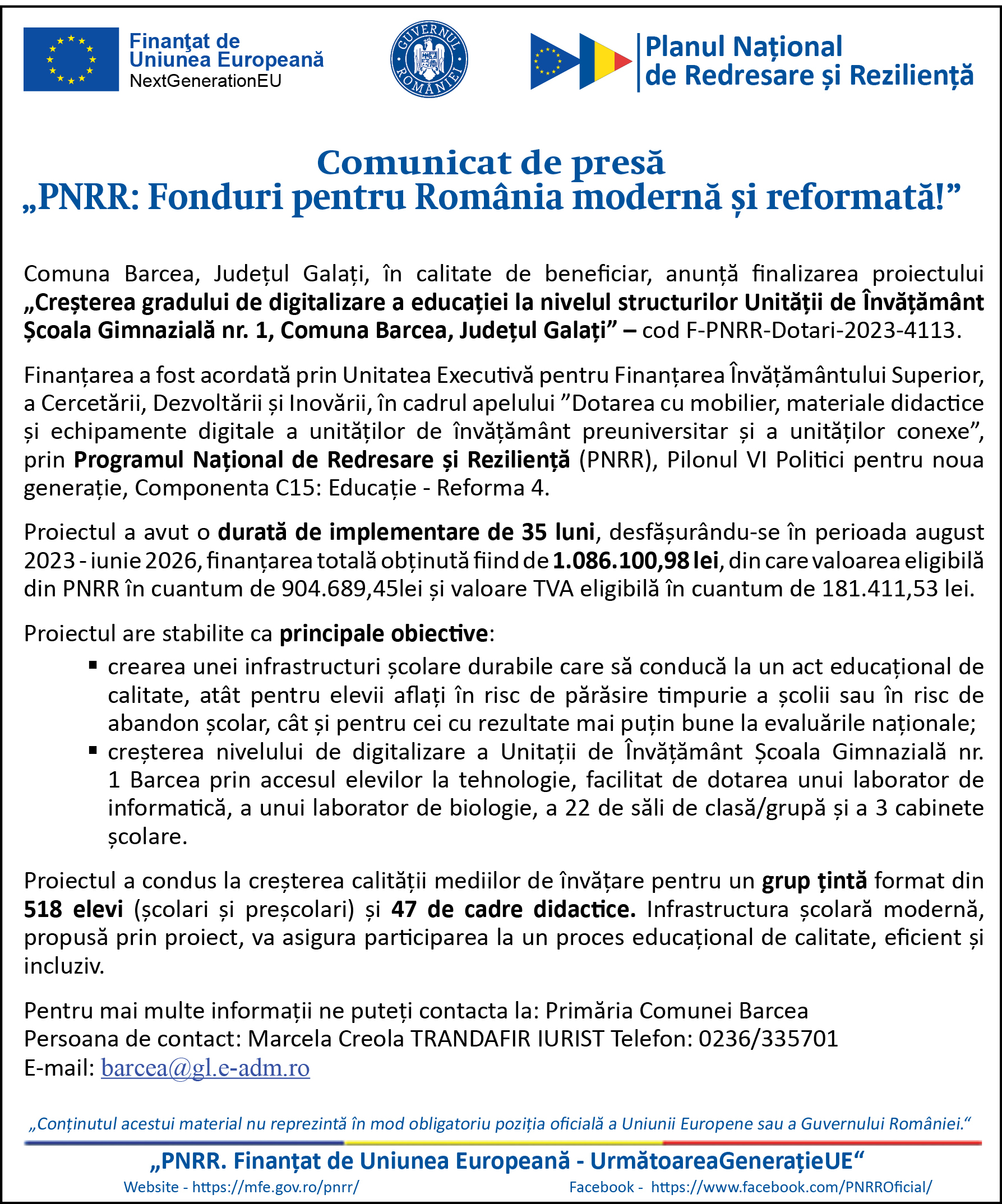 Creșterea gradului de digitalizare a educației la nivelul structurilor Unității de Învățământ Școala Gimnazială nr. 1, Comuna Barcea, Județul Galați
