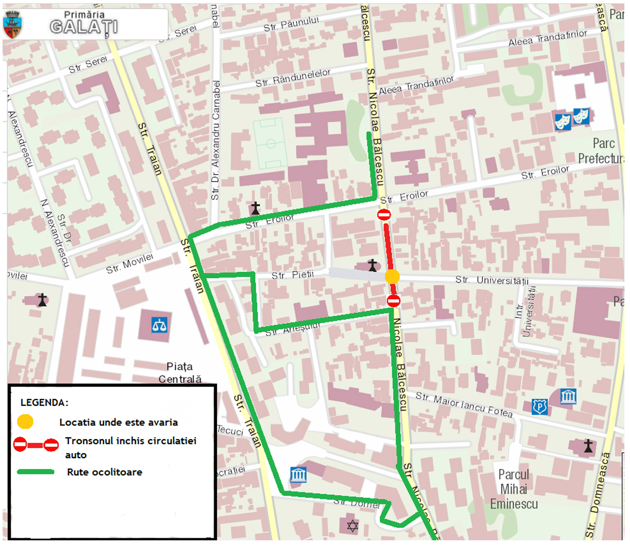 Pentru remedierea unui accident de teren, trafic rutier ÎNCHIS pe un tronson al străzii Bălcescu