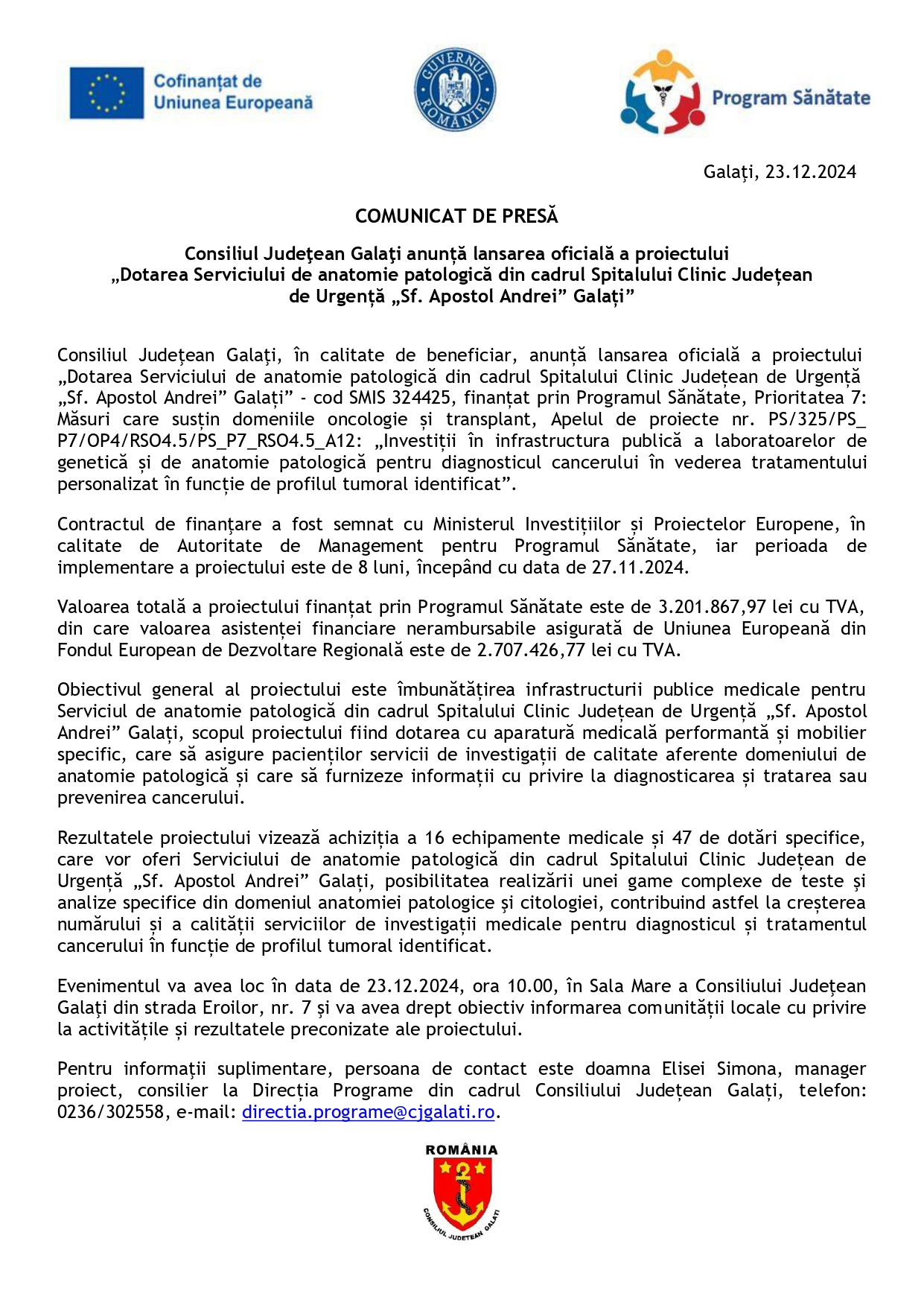 Comunicat de presa: Dotarea Serviciului de anatomie patologică din cadrul Spitalului Clinic Județean  de Urgență „Sf. Apostol Andrei” Galați