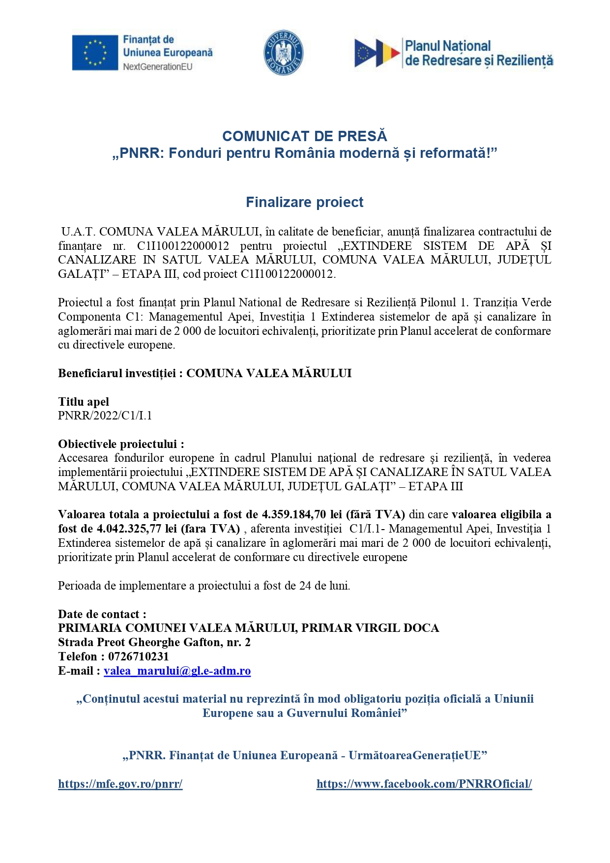 COMUNICAT DE PRESĂ-  „PNRR: Fonduri pentru România modernă și reformată!”