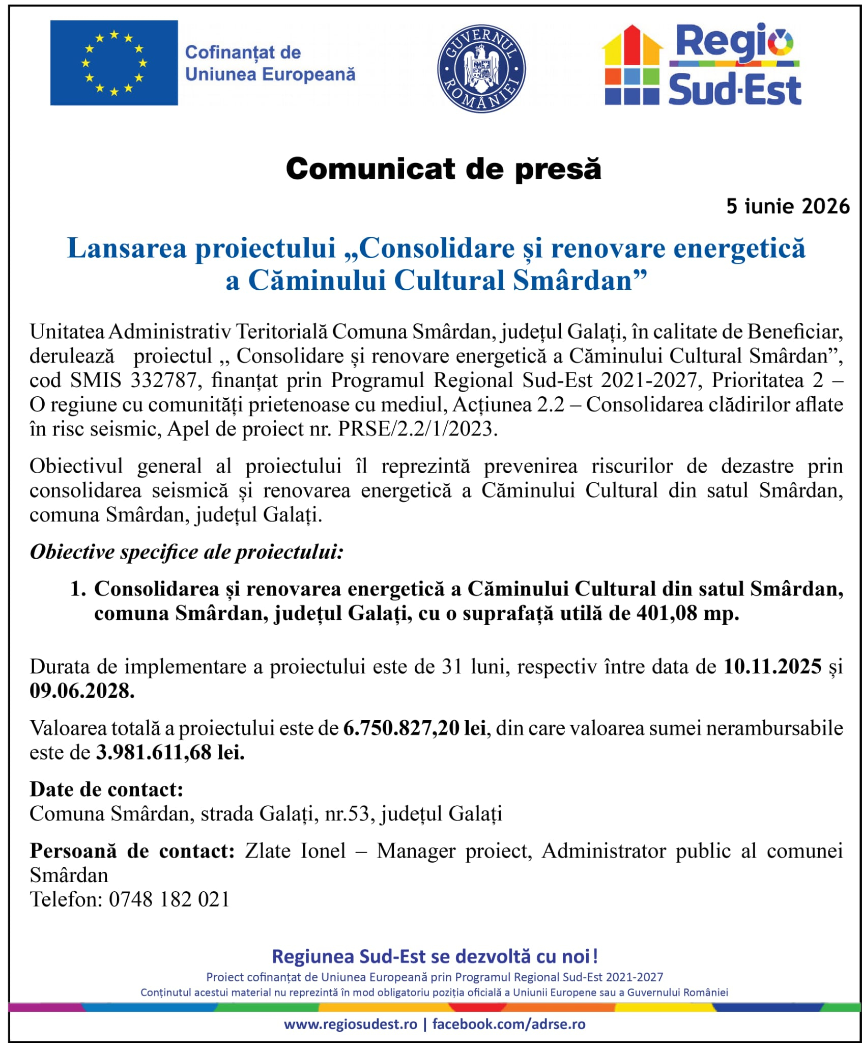 Lansarea proiectului „Consolidare și renovare energetică a Căminului Cultural Smârdan”