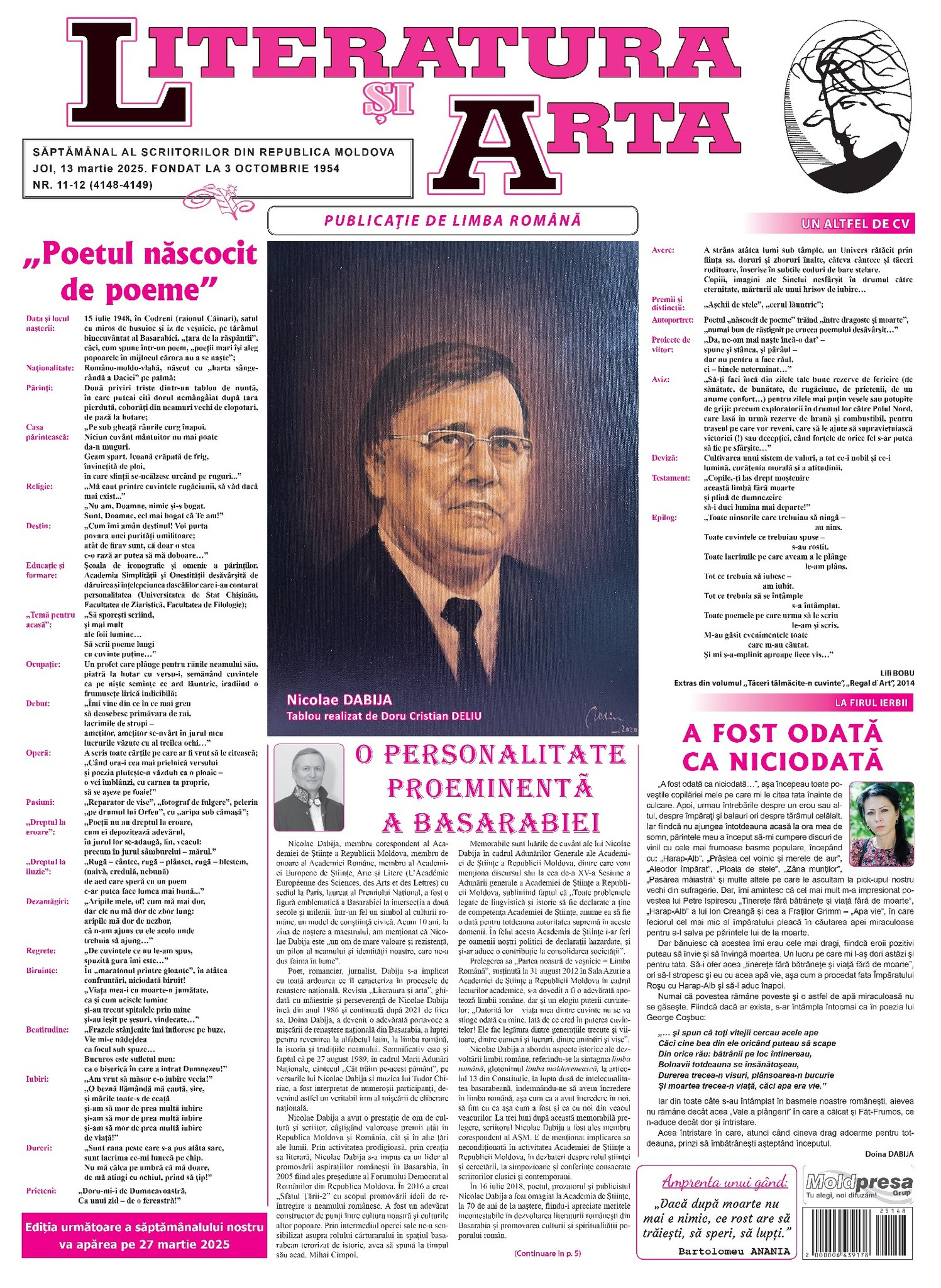 Requiem pentru poetul Nicolae Dabija, în revista "Literatura și Arta"