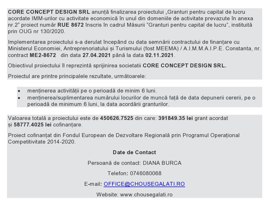 Anunț finalizare proiect înscris în cadrul Măsurii „Granturi pentru capital de lucru”