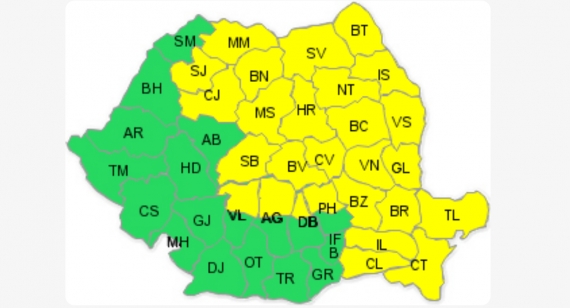 AVERTIZARE METEO/ Cod galben de PLOI TORENŢIALE la Galaţi