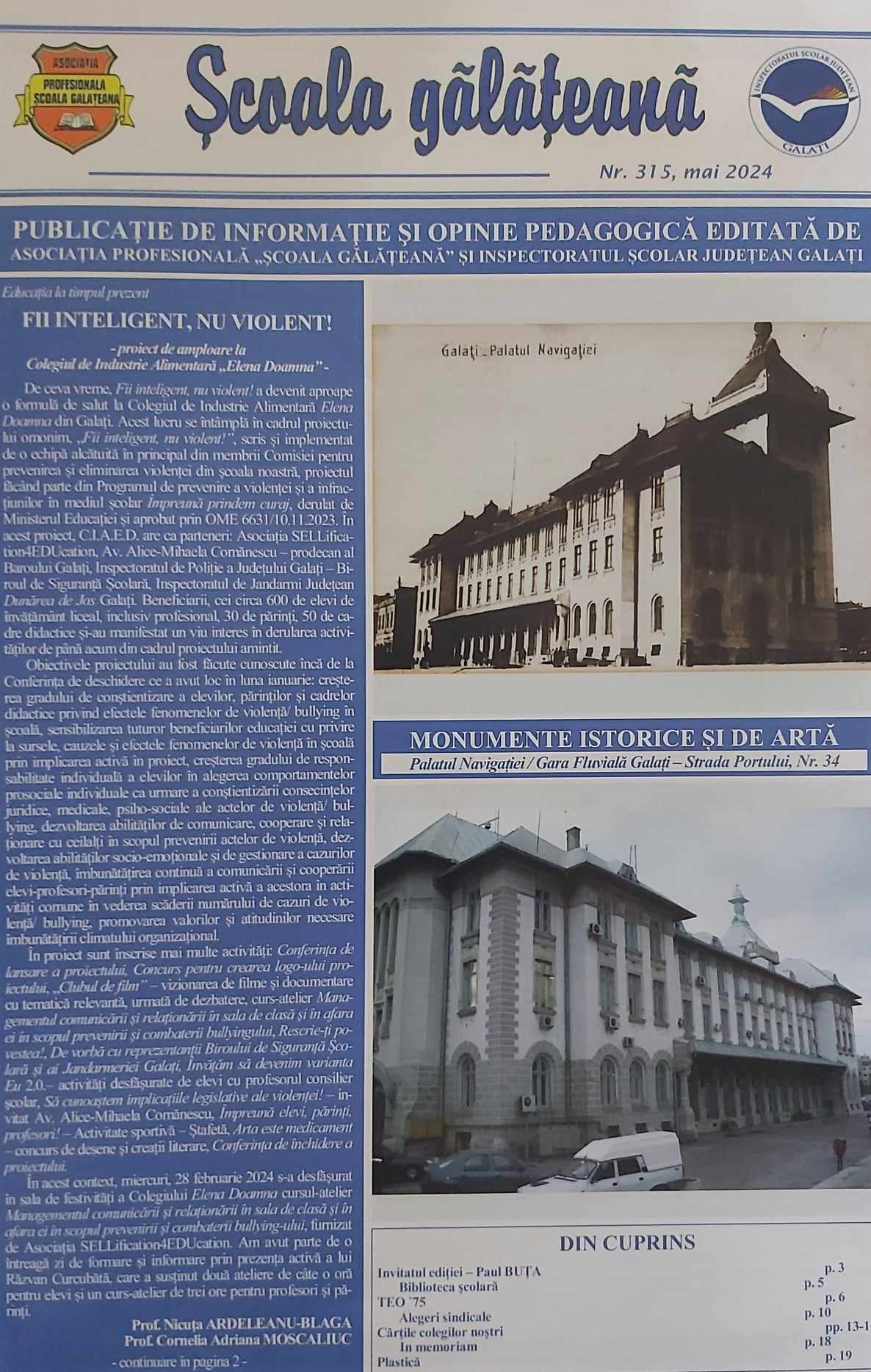 Revista ”Şcoala gălăţeană” nr. 315 - proiecte, aniversări, repere