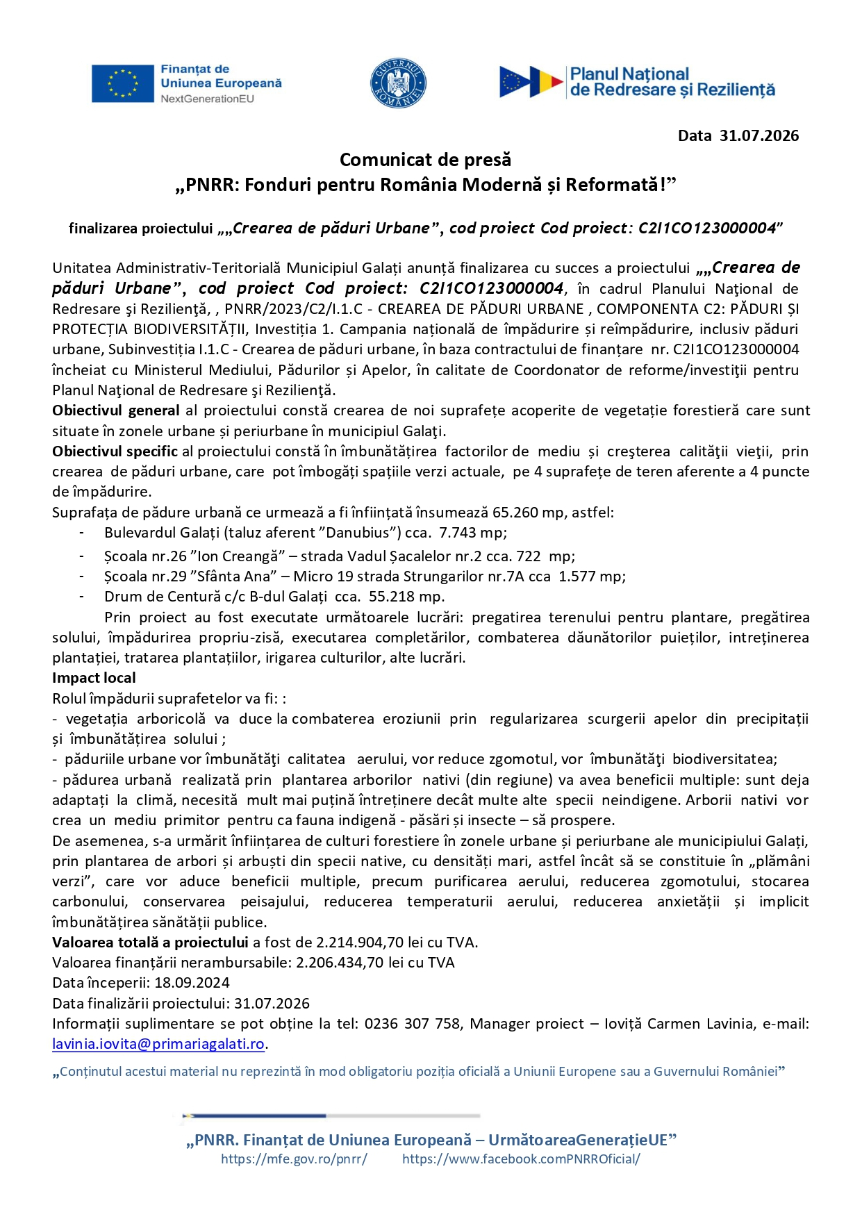 Comunicat de presă finalizarea proiectului „Crearea de păduri Urbane”