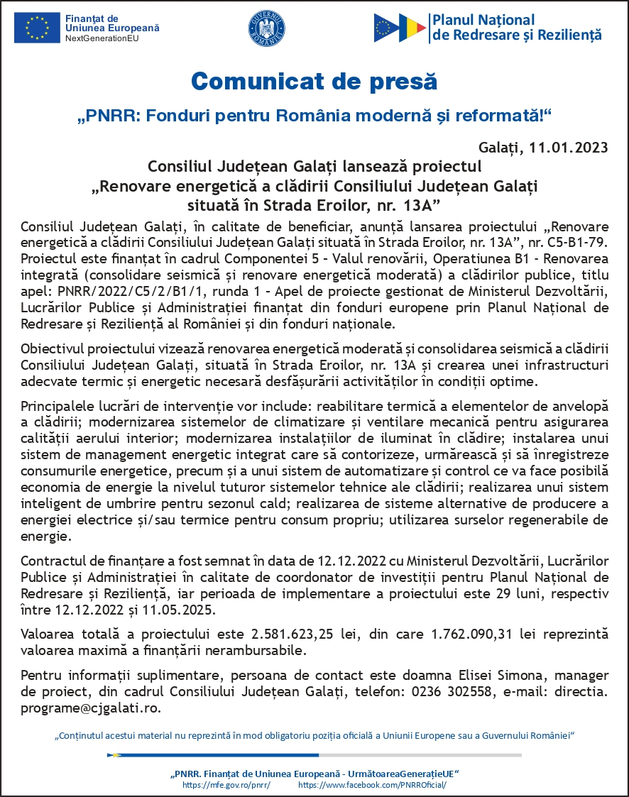 Consiliul Judeţean Galaţi lansează proiectul „Renovare energetică a clădirii Consiliului Județean Galați situată în Strada Eroilor, nr. 13A”
