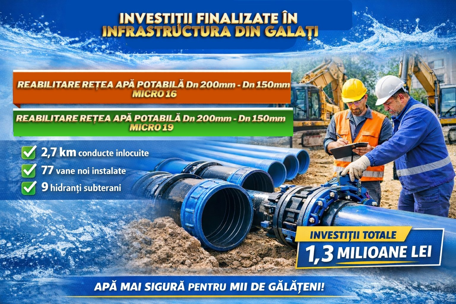 Investiții de peste 1,3 milioane de lei în rețeaua de apă din Galați