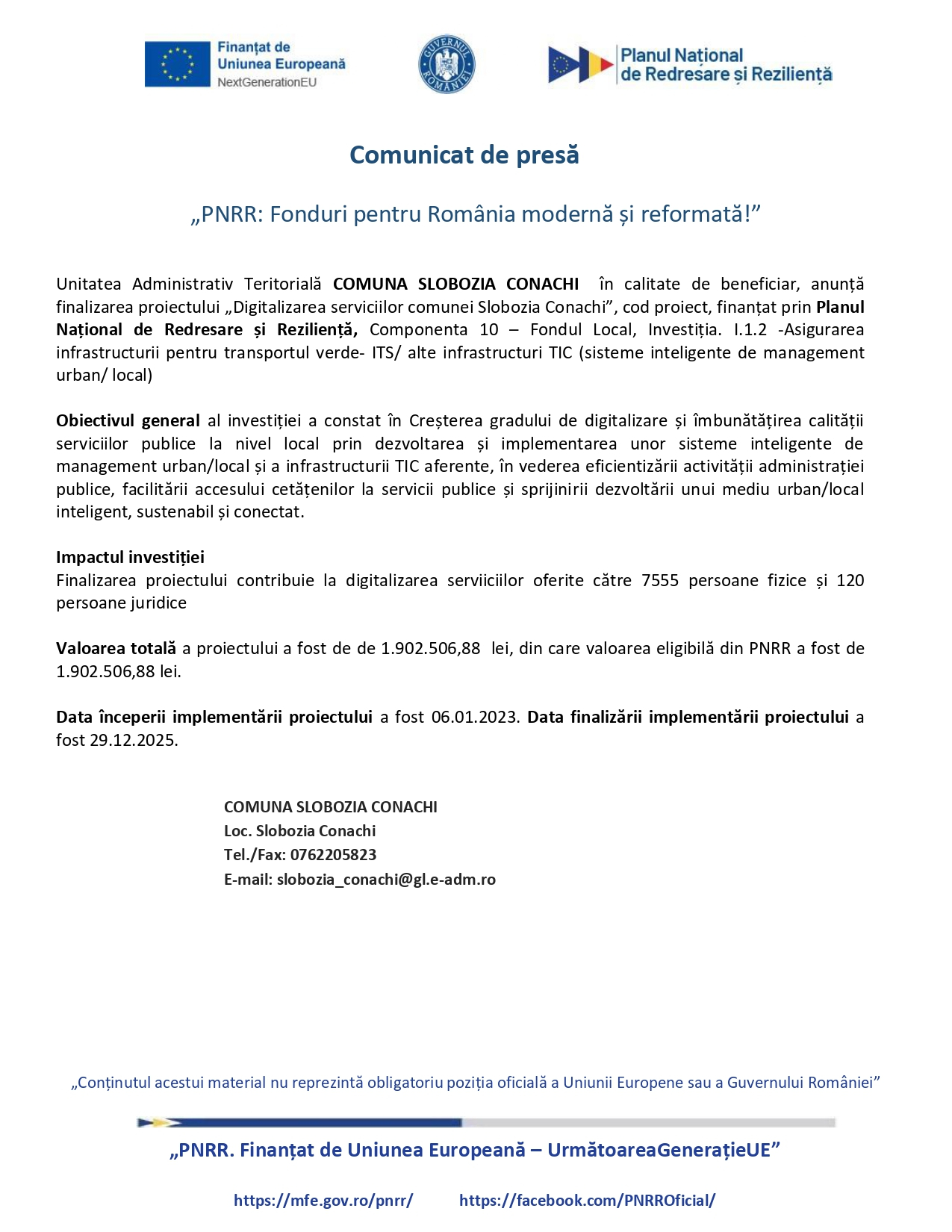 Comunicat de presă- Finalizare proiect ”Digitalizarea serviciilor comunei Slobozia Conachi”