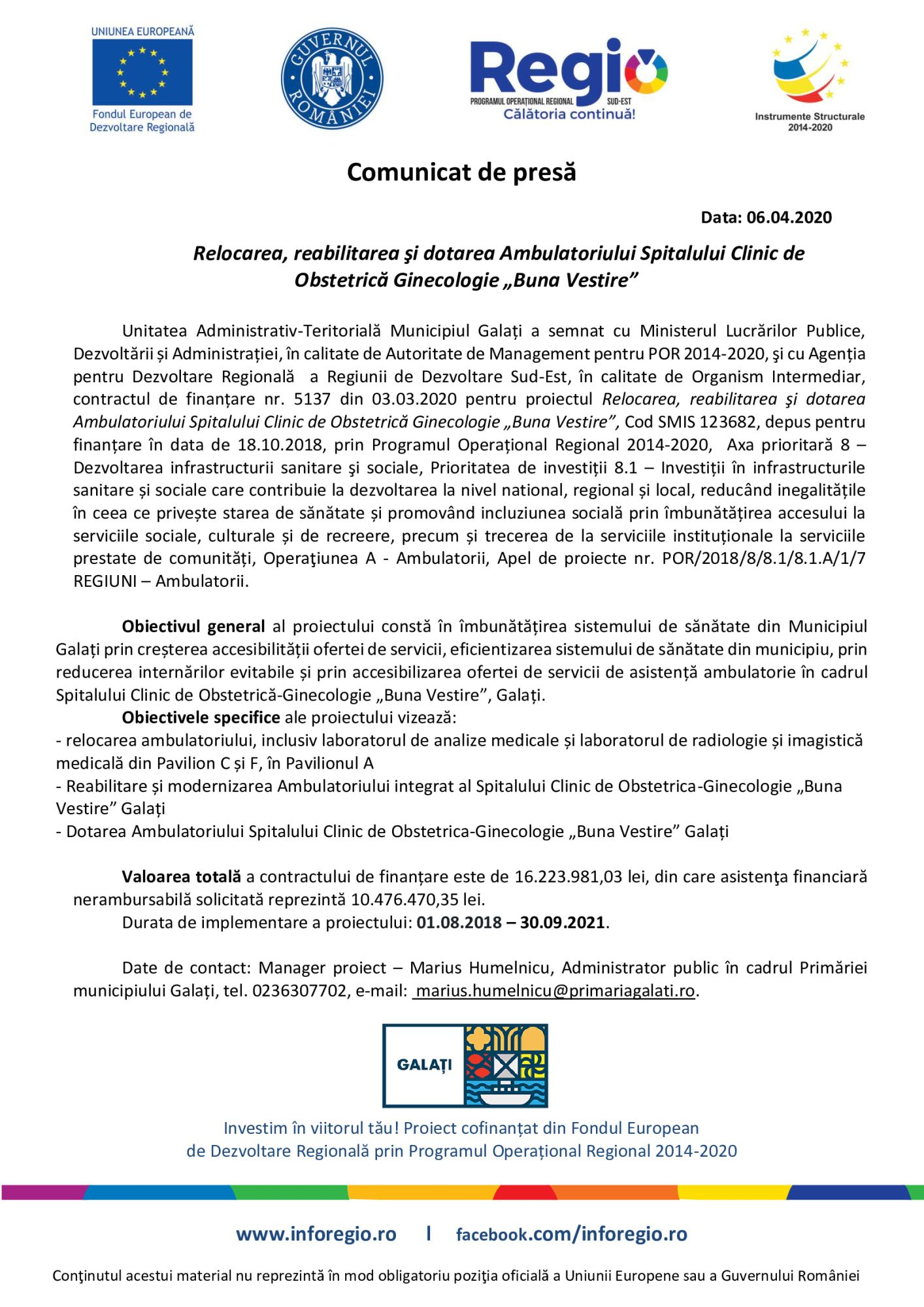 Relocarea, reabilitarea şi dotarea Ambulatoriului Spitalului Clinic de Obstetrică Ginecologie „Buna Vestire”
