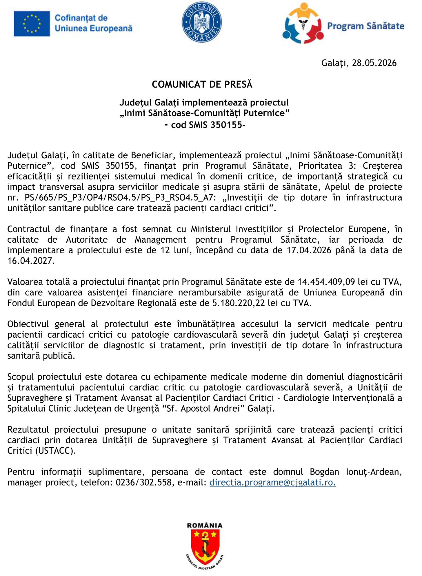 Judeţul Galaţi implementează proiectul „Inimi Sănătoase-Comunități Puternice”