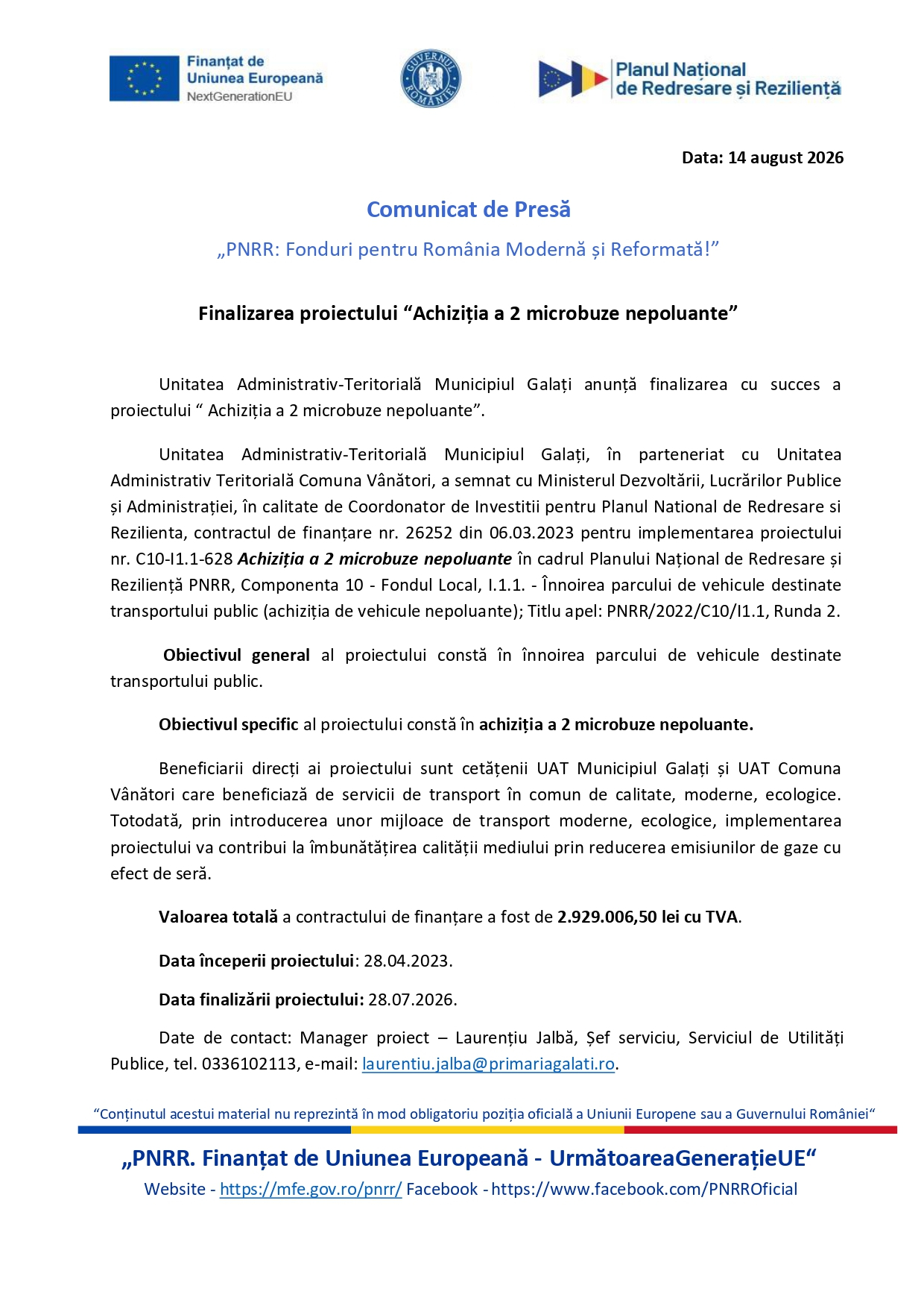 Comunicat de presă - finalizarea proiectului “Achiziția a 2 microbuze nepoluante”