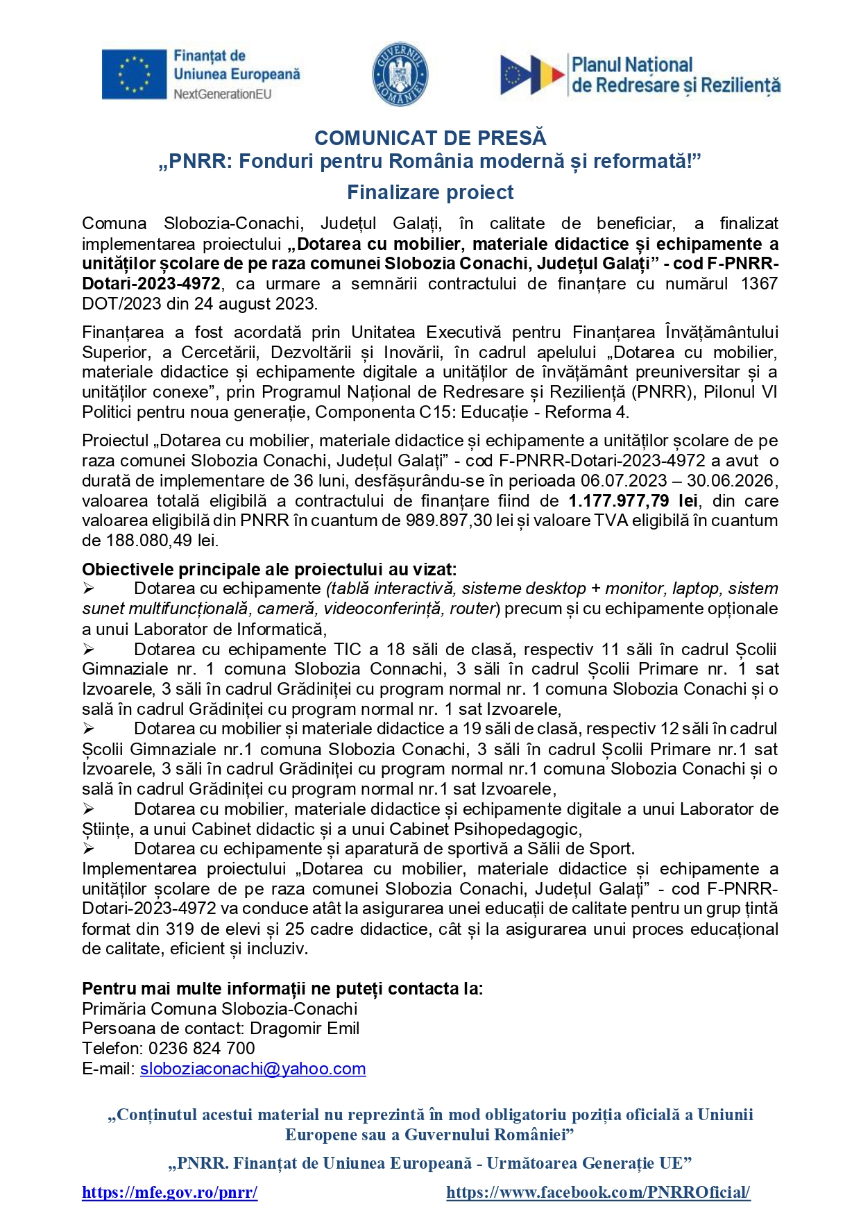 Comunicat de presă - Dotarea cu mobilier, materiale didactice și echipamente a unităților școlare de pe raza comunei Slobozia Conachi, Județul Galați