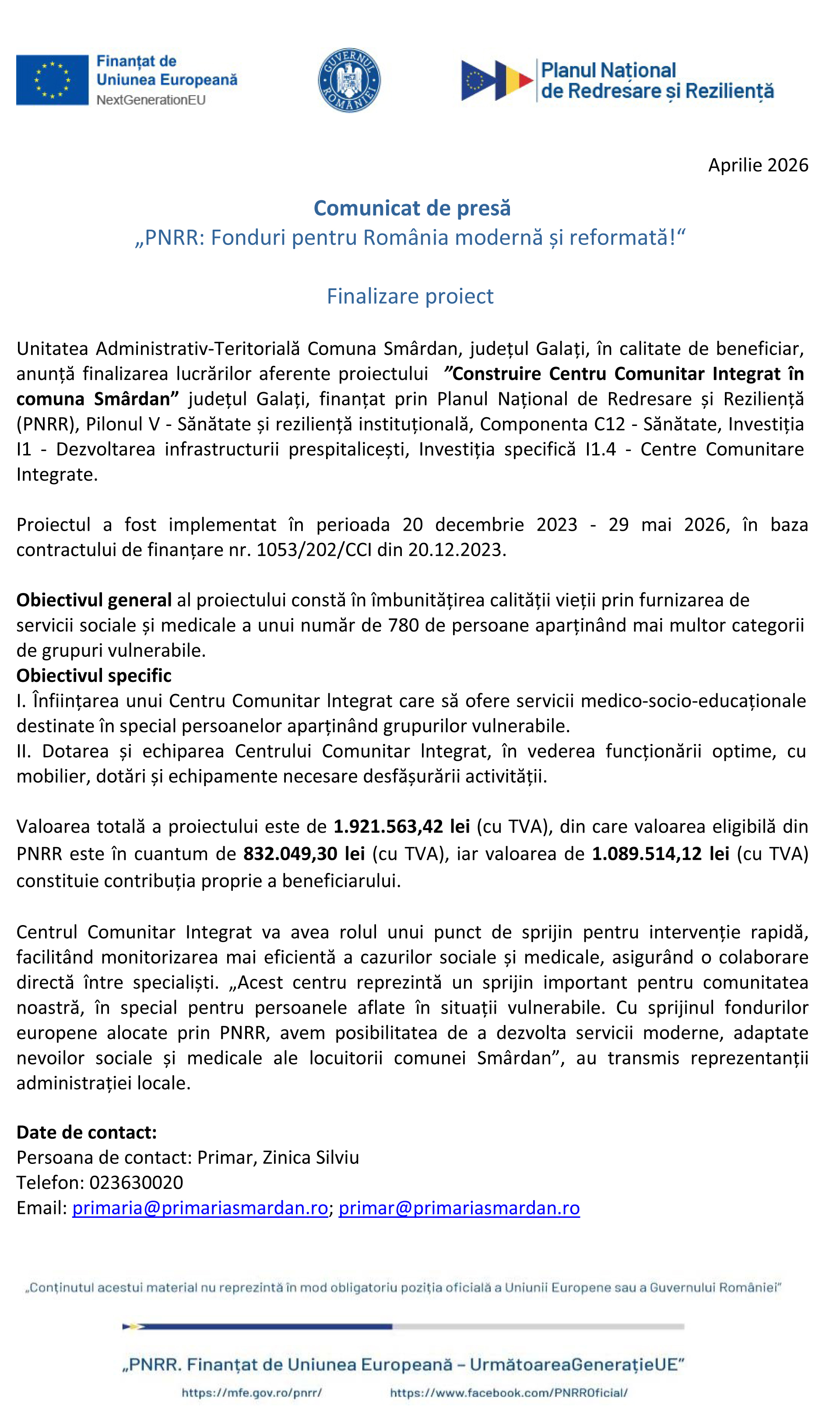 Comunicat de presă : Construire Centru Comunitar Integrat în comuna Smârdan