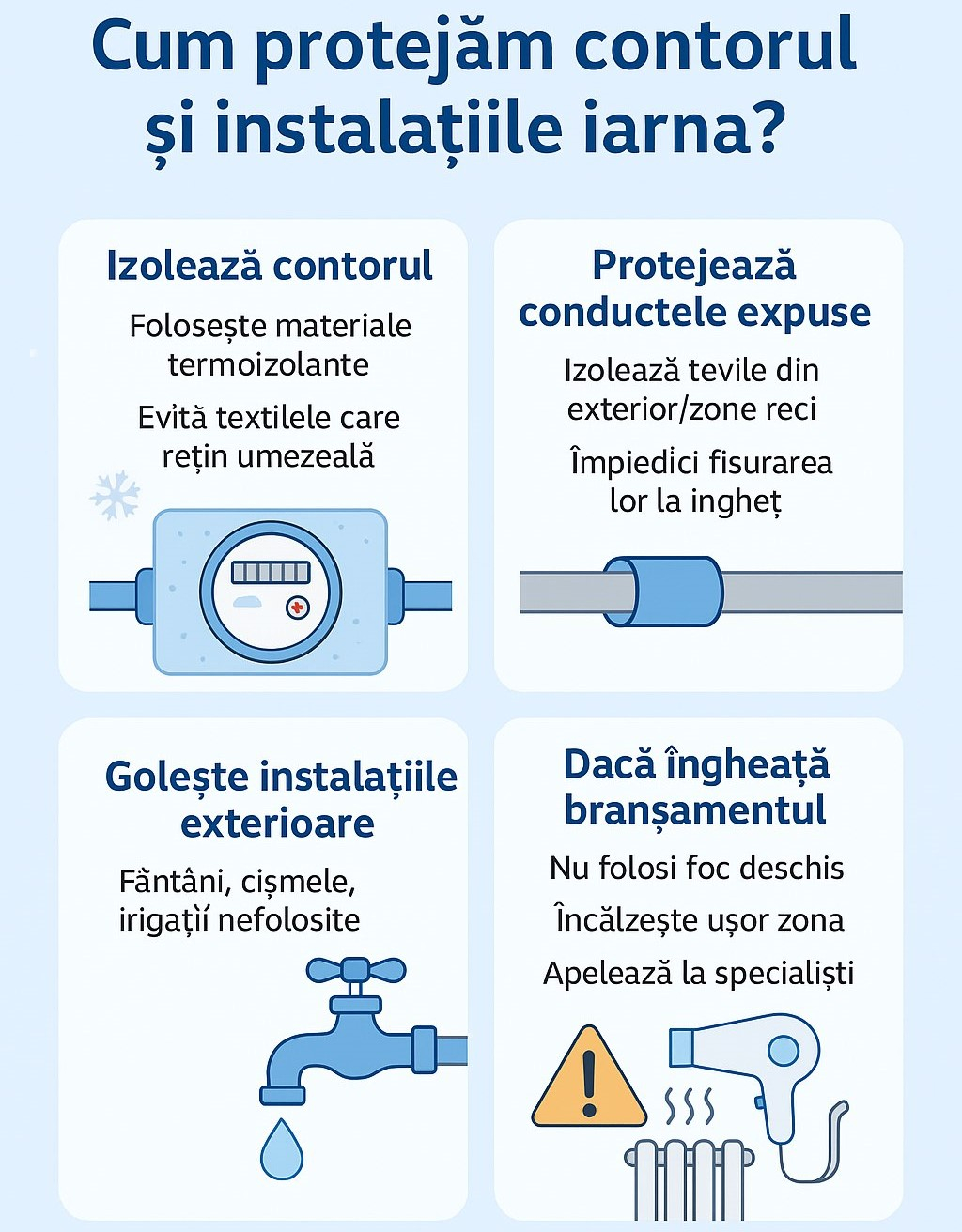 Apă Canal avertizează asupra riscului de îngheț al instalațiilor de apă