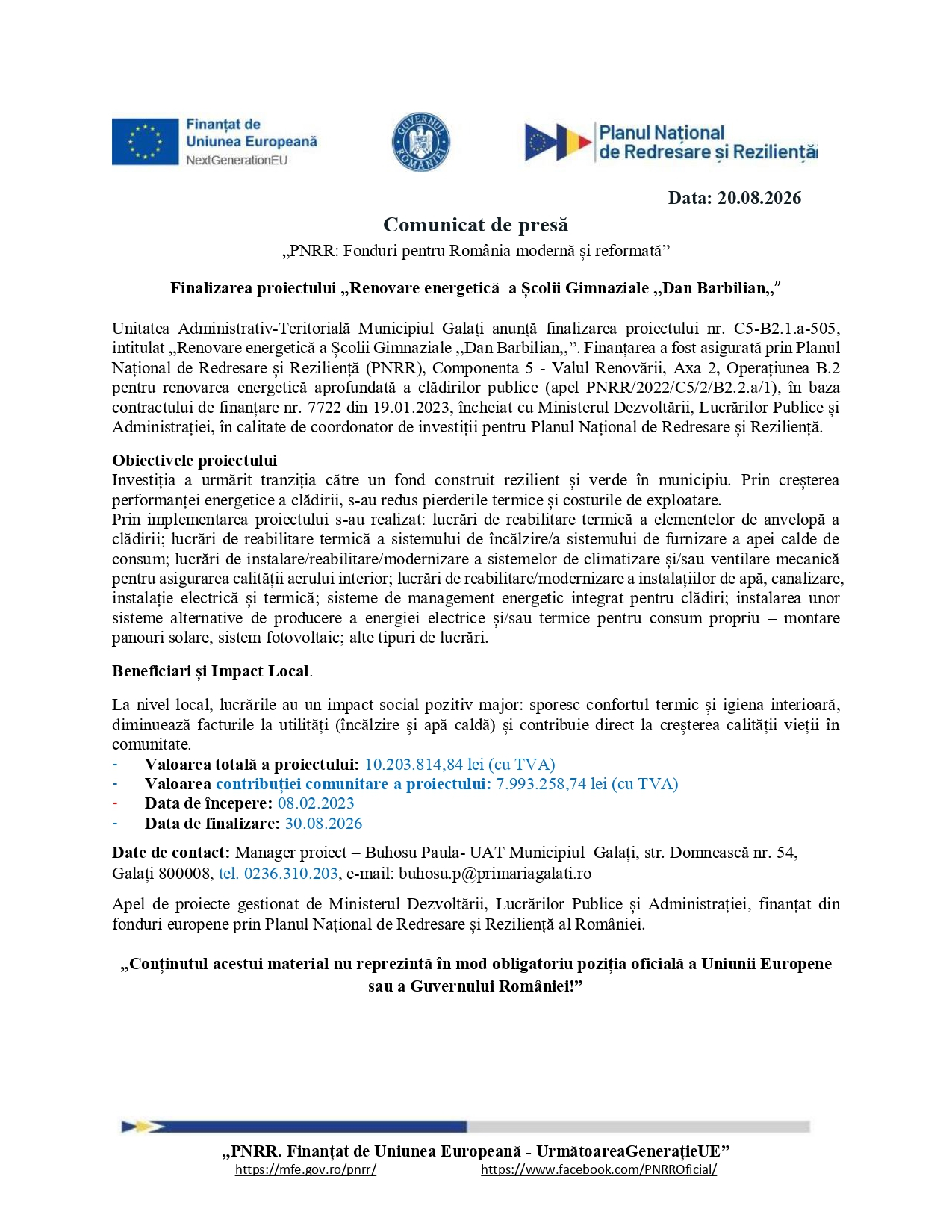 Comunicat de presă -finalizarea proiectului „Renovare energetică  a Școlii Gimnaziale ,,Dan Barbilian”