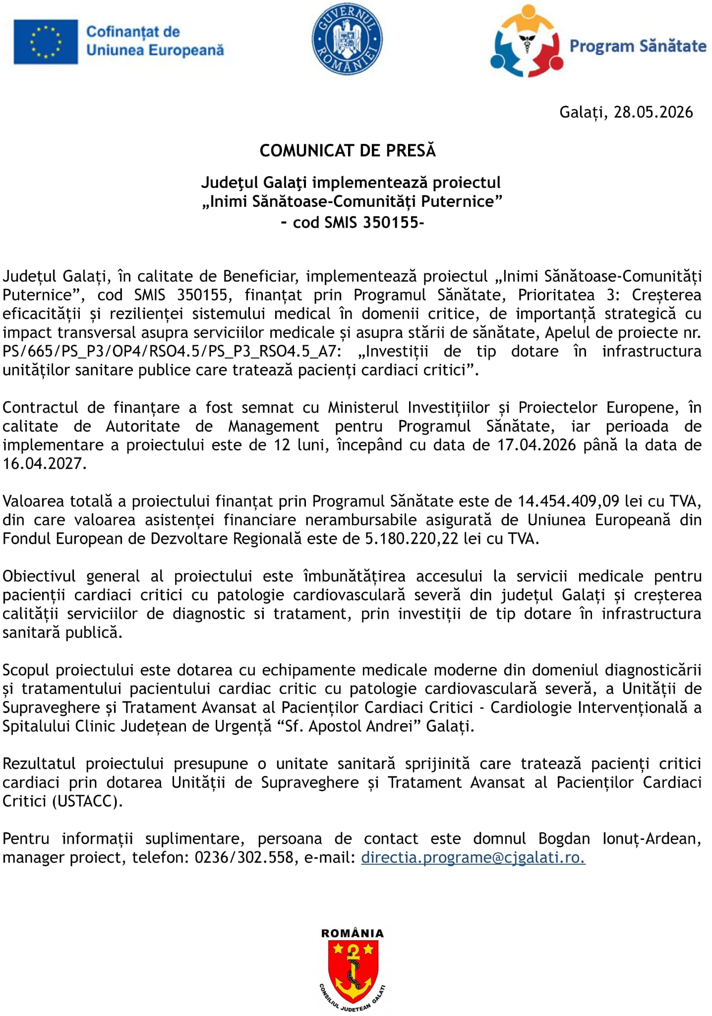 Judeţul Galaţi implementează proiectul „Inimi Sănătoase-Comunități Puternice”