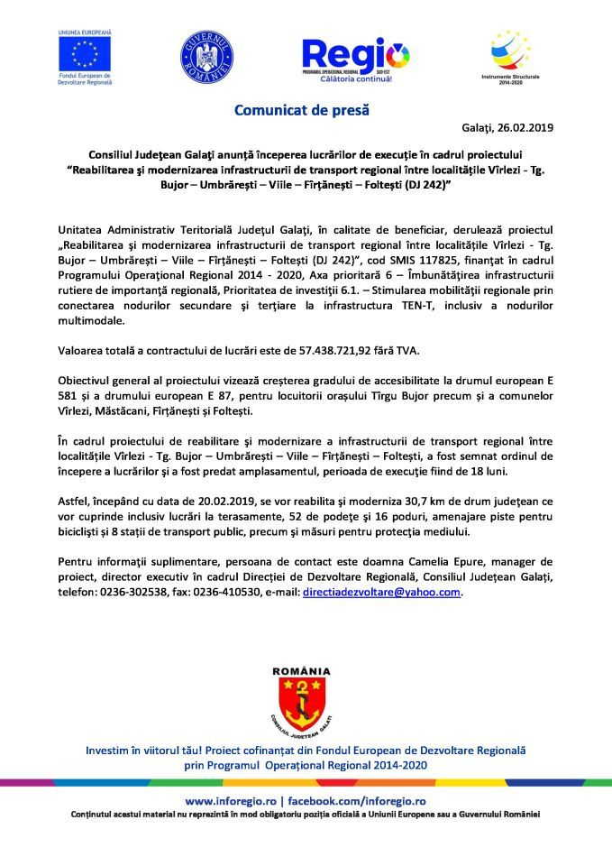 COMUNICAT DE PRESĂ Consiliul Judeţean Galaţi. Lucrări pe DJ 242