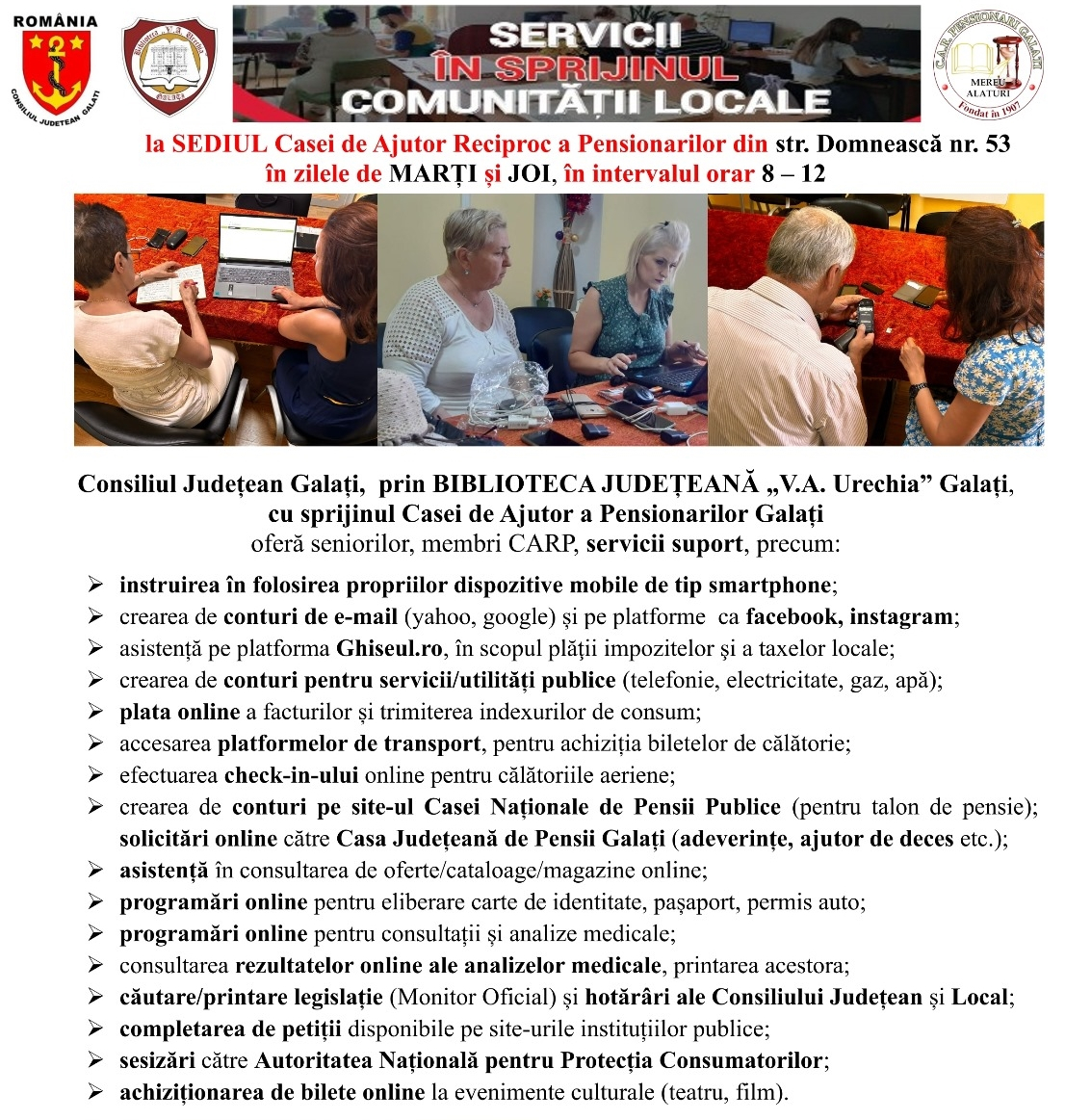 Sprijin digital pentru seniorii gălățeni, oferit de Biblioteca „V.A. Urechia”