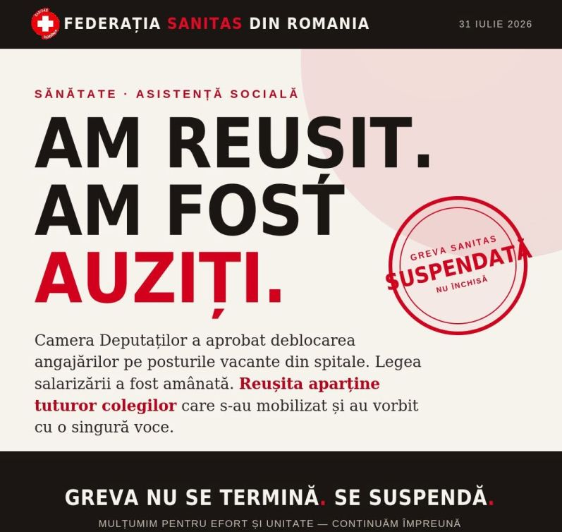 UPDATE. Sanitas anunţă că a suspendat greva, dar nu a închis conflictul de muncă