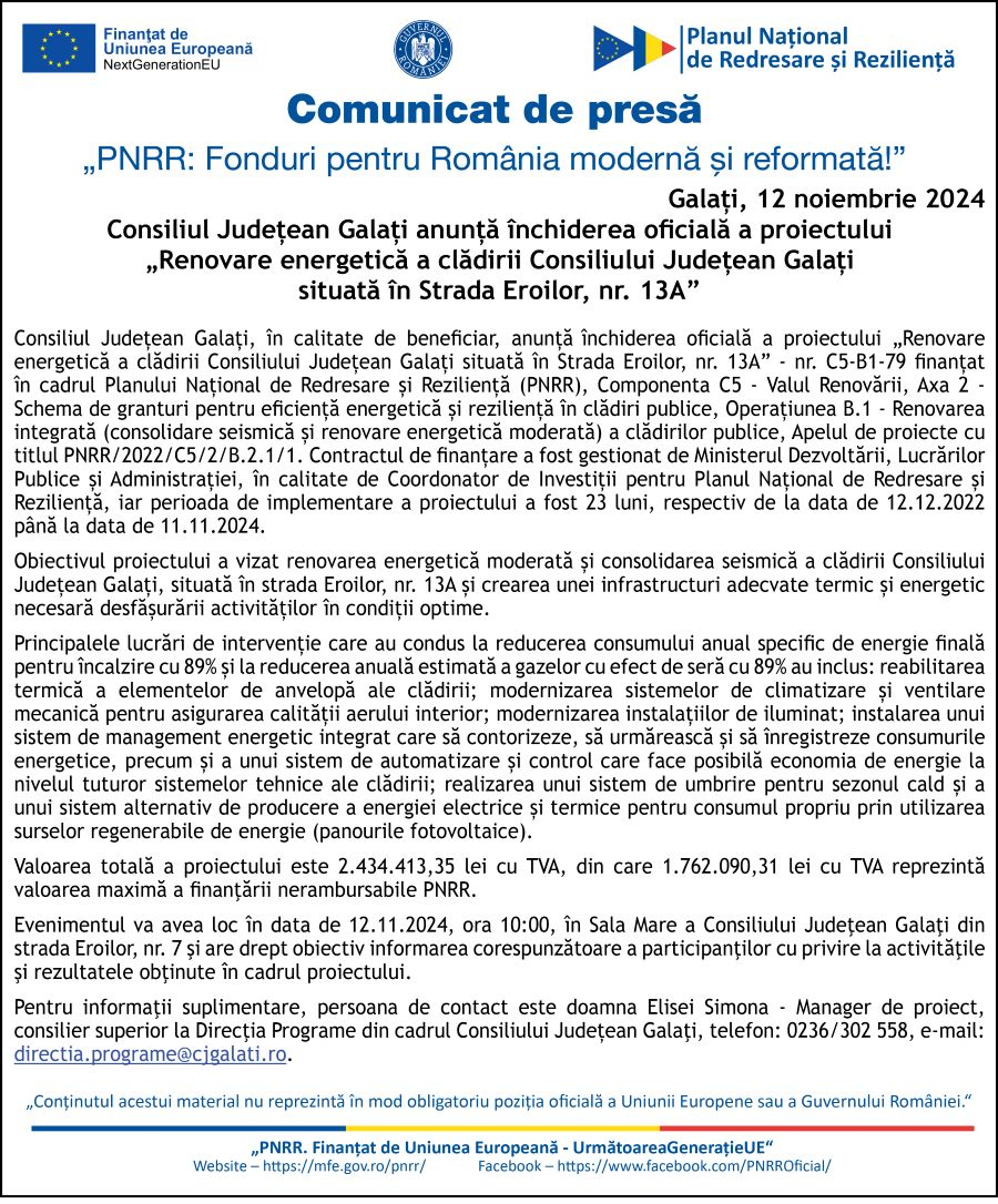 Consiliul Judeţean Galaţi: „Renovare energetică a clădirii Consiliului Județean Galați situată în Strada Eroilor, nr. 13A”