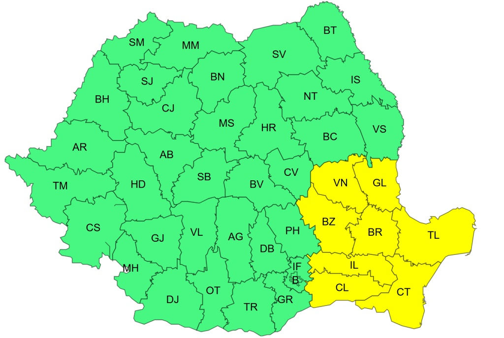 Cod galben de vânt în judeţul Galaţi, până vineri seară