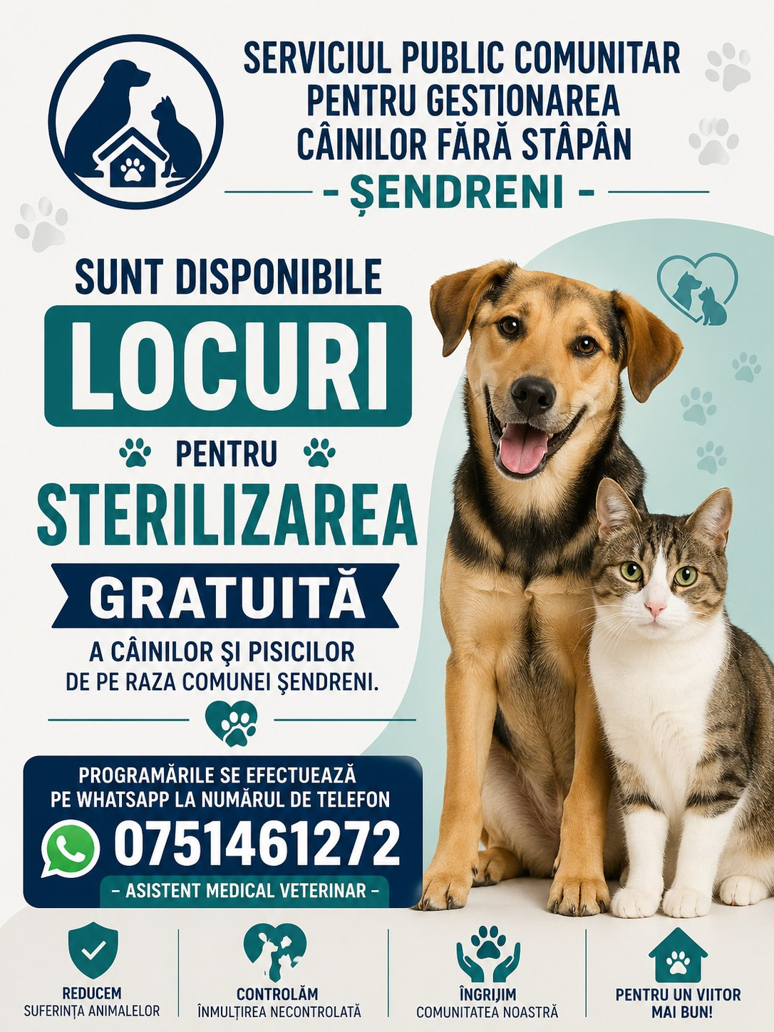 Sterilizări gratuite pentru câini și pisici, la Șendreni