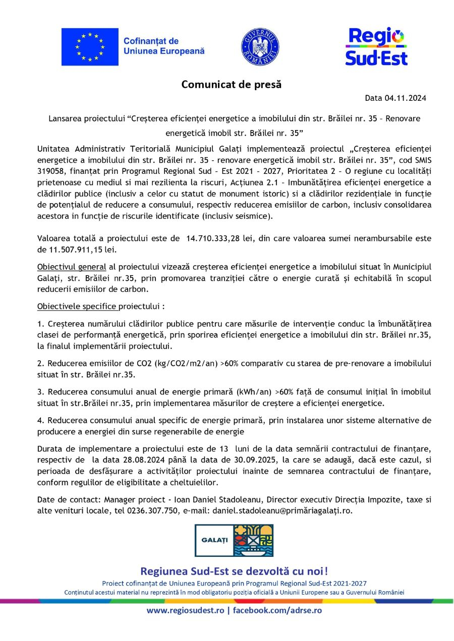 Comunicat de presă - Lansarea proiectului “Creșterea eficienței energetice a imobilului din str. Brăilei nr. 35 – Renovare energetică imobil str. Brăilei nr. 35”