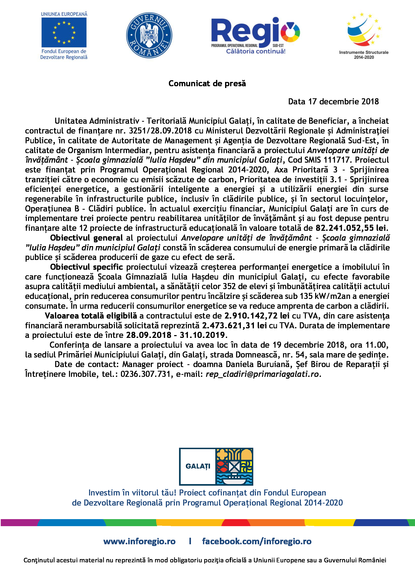 Comunicat de presă. Anvelopare unități de învățământ - Școala gimnazială Iulia Hașdeu