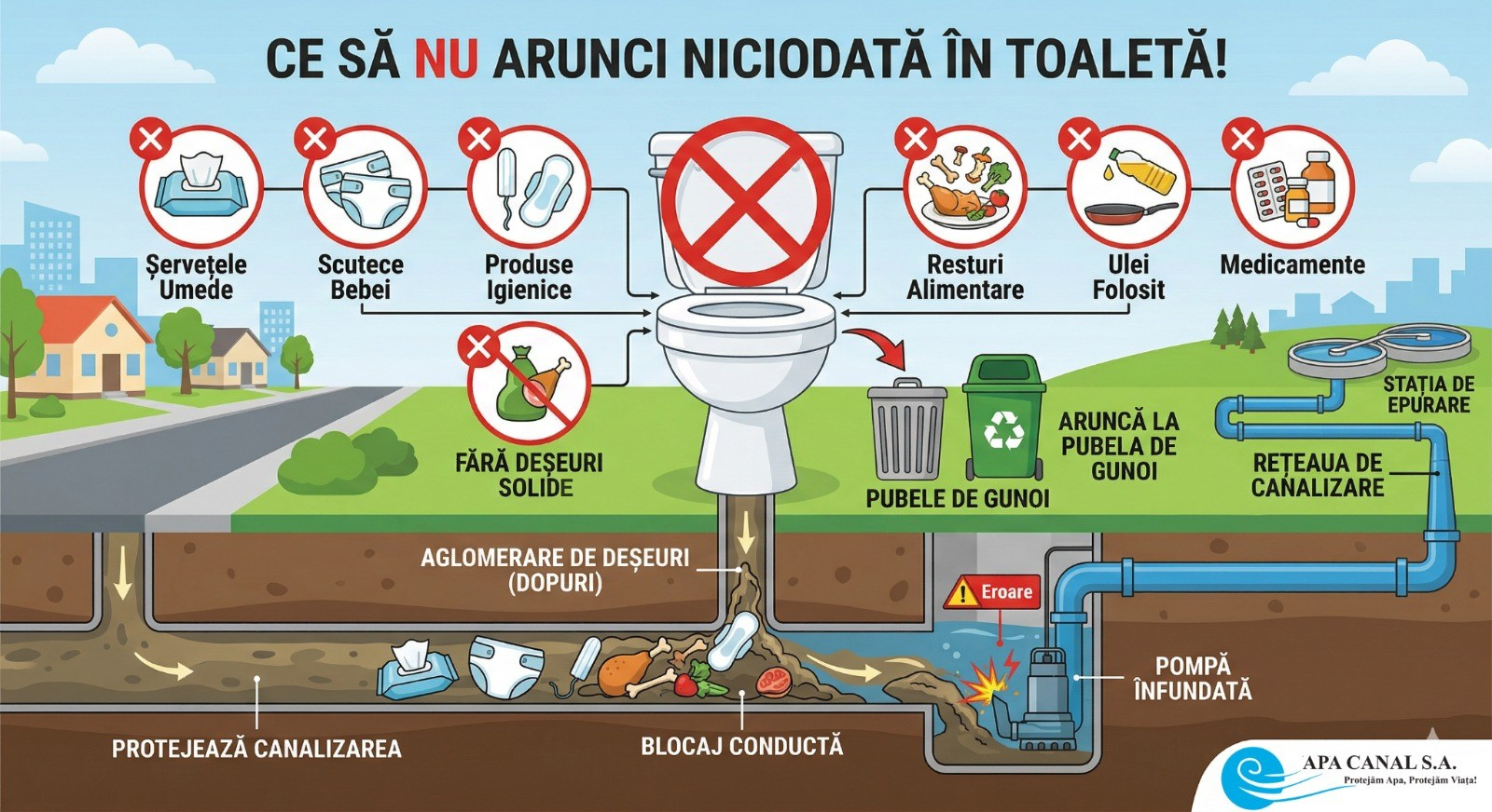 Apă Canal: „Vasul de toaletă NU este coș de gunoi!”