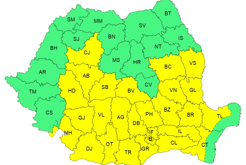Un nou Cod galben de ploi și vijelii în Galaţi, până mâine dimineaţă